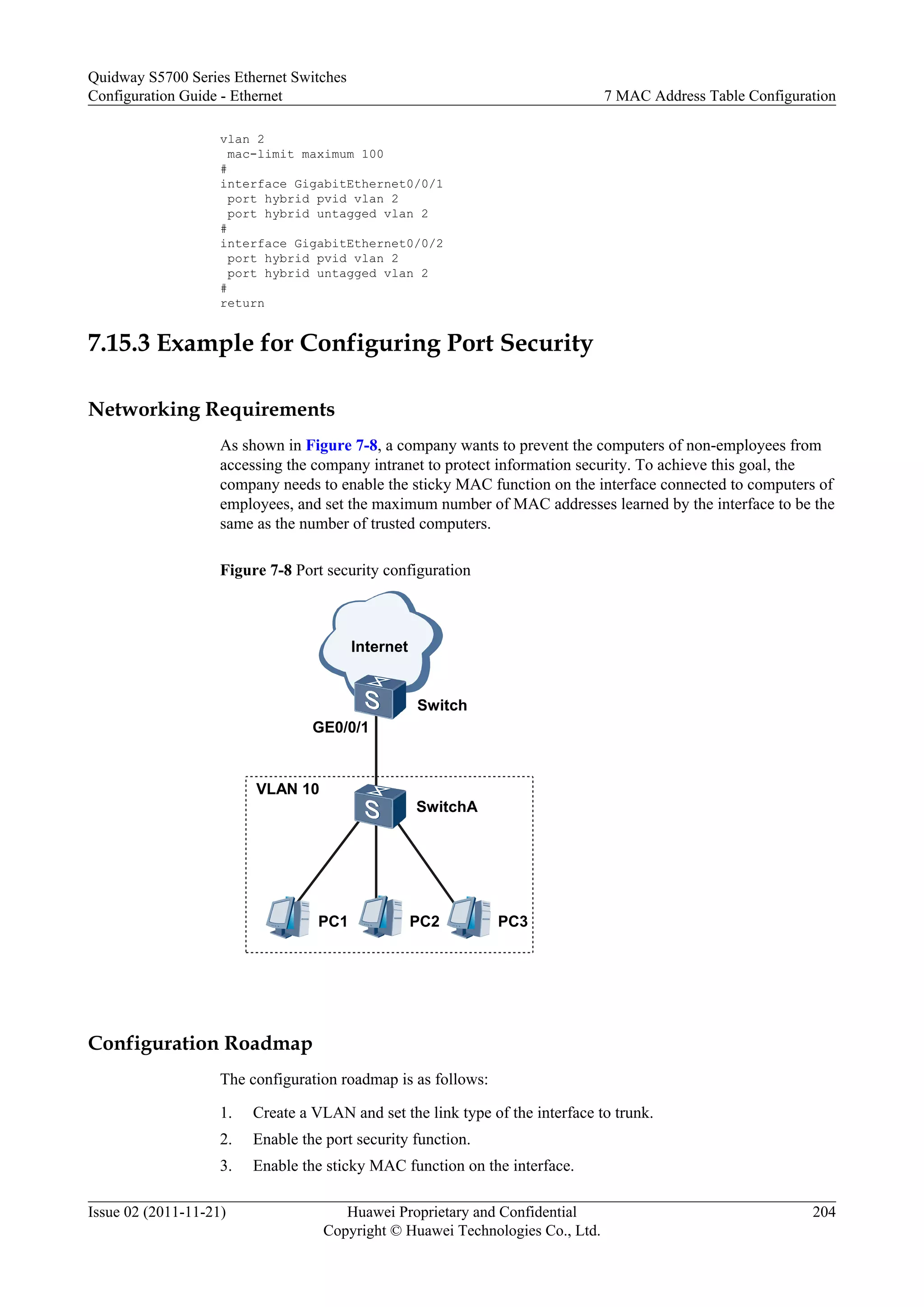 vlan 2
mac-limit maximum 100
#
interface GigabitEthernet0/0/1
port hybrid pvid vlan 2
port hybrid untagged vlan 2
#
interface GigabitEthernet0/0/2
port hybrid pvid vlan 2
port hybrid untagged vlan 2
#
return
7.15.3 Example for Configuring Port Security
Networking Requirements
As shown in Figure 7-8, a company wants to prevent the computers of non-employees from
accessing the company intranet to protect information security. To achieve this goal, the
company needs to enable the sticky MAC function on the interface connected to computers of
employees, and set the maximum number of MAC addresses learned by the interface to be the
same as the number of trusted computers.
Figure 7-8 Port security configuration
Switch
SwitchA
Internet
PC1 PC2 PC3
VLAN 10
GE0/0/1
Configuration Roadmap
The configuration roadmap is as follows:
1. Create a VLAN and set the link type of the interface to trunk.
2. Enable the port security function.
3. Enable the sticky MAC function on the interface.
Quidway S5700 Series Ethernet Switches
Configuration Guide - Ethernet 7 MAC Address Table Configuration
Issue 02 (2011-11-21) Huawei Proprietary and Confidential
Copyright © Huawei Technologies Co., Ltd.
204
 