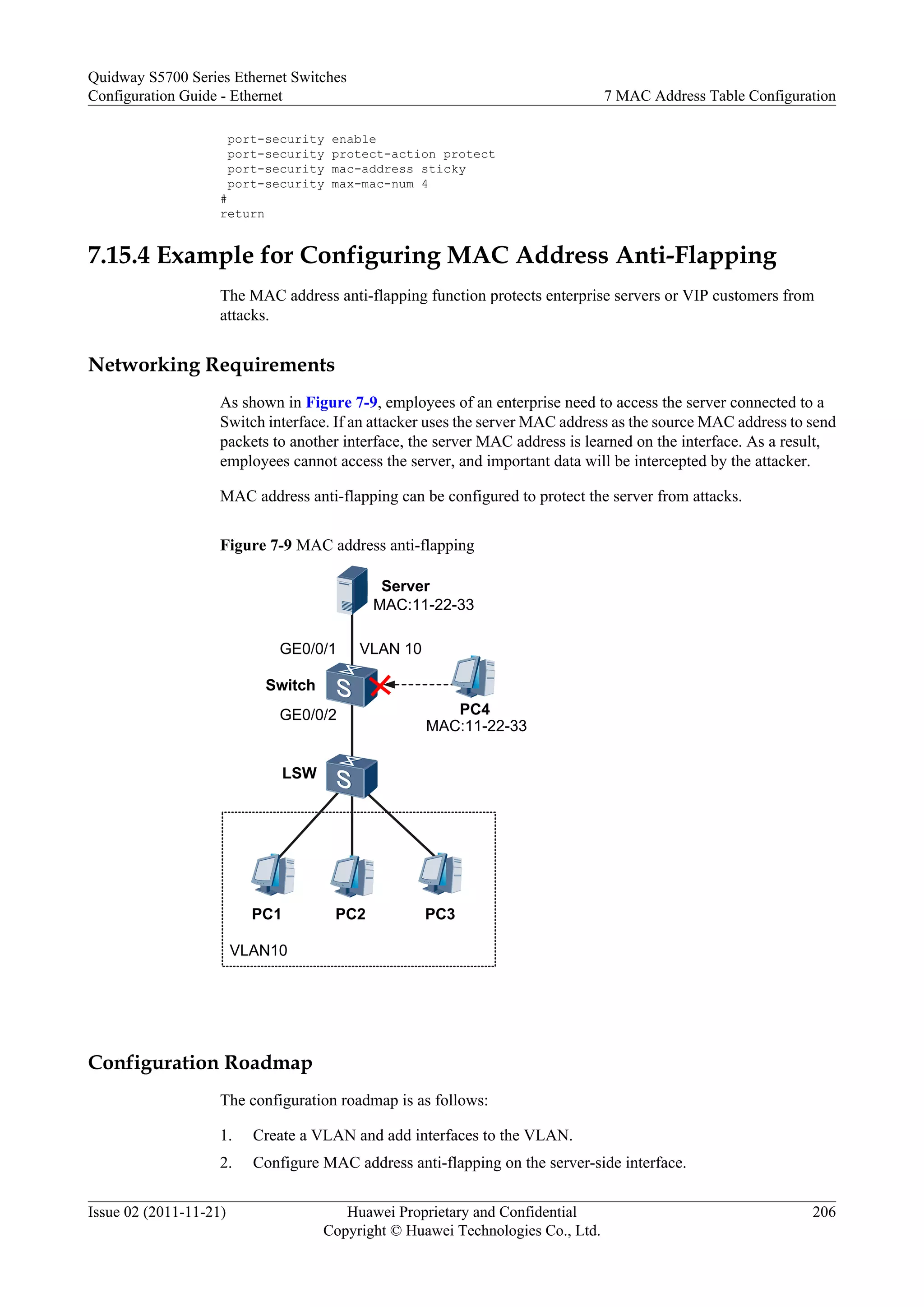 port-security enable
port-security protect-action protect
port-security mac-address sticky
port-security max-mac-num 4
#
return
7.15.4 Example for Configuring MAC Address Anti-Flapping
The MAC address anti-flapping function protects enterprise servers or VIP customers from
attacks.
Networking Requirements
As shown in Figure 7-9, employees of an enterprise need to access the server connected to a
Switch interface. If an attacker uses the server MAC address as the source MAC address to send
packets to another interface, the server MAC address is learned on the interface. As a result,
employees cannot access the server, and important data will be intercepted by the attacker.
MAC address anti-flapping can be configured to protect the server from attacks.
Figure 7-9 MAC address anti-flapping
LSW
Server
GE0/0/1
PC1
PC4
PC2 PC3
VLAN10
VLAN 10
Switch
GE0/0/2
MAC:11-22-33
MAC:11-22-33
Configuration Roadmap
The configuration roadmap is as follows:
1. Create a VLAN and add interfaces to the VLAN.
2. Configure MAC address anti-flapping on the server-side interface.
Quidway S5700 Series Ethernet Switches
Configuration Guide - Ethernet 7 MAC Address Table Configuration
Issue 02 (2011-11-21) Huawei Proprietary and Confidential
Copyright © Huawei Technologies Co., Ltd.
206
 