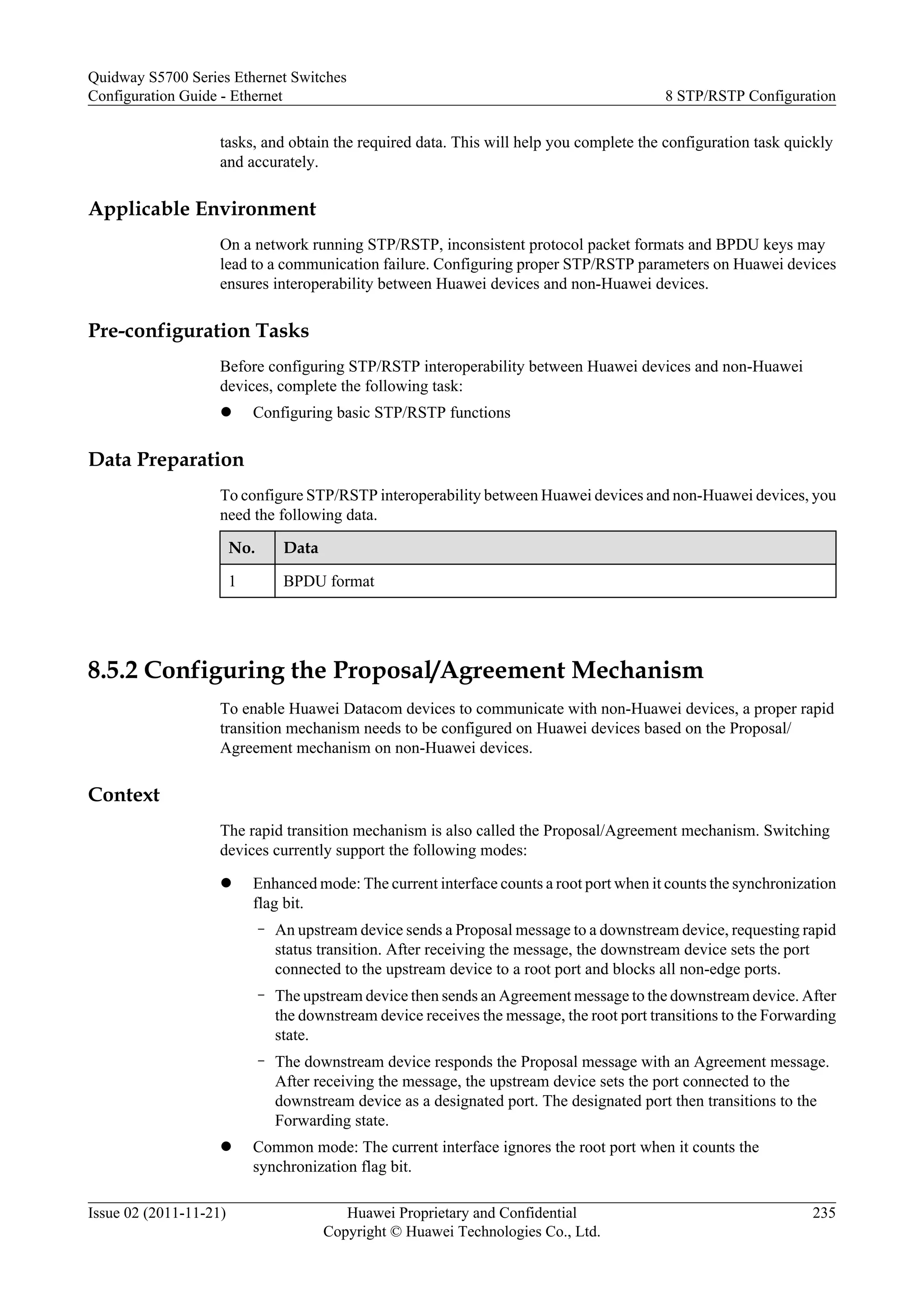 tasks, and obtain the required data. This will help you complete the configuration task quickly
and accurately.
Applicable Environment
On a network running STP/RSTP, inconsistent protocol packet formats and BPDU keys may
lead to a communication failure. Configuring proper STP/RSTP parameters on Huawei devices
ensures interoperability between Huawei devices and non-Huawei devices.
Pre-configuration Tasks
Before configuring STP/RSTP interoperability between Huawei devices and non-Huawei
devices, complete the following task:
l Configuring basic STP/RSTP functions
Data Preparation
To configure STP/RSTP interoperability between Huawei devices and non-Huawei devices, you
need the following data.
No. Data
1 BPDU format
8.5.2 Configuring the Proposal/Agreement Mechanism
To enable Huawei Datacom devices to communicate with non-Huawei devices, a proper rapid
transition mechanism needs to be configured on Huawei devices based on the Proposal/
Agreement mechanism on non-Huawei devices.
Context
The rapid transition mechanism is also called the Proposal/Agreement mechanism. Switching
devices currently support the following modes:
l Enhanced mode: The current interface counts a root port when it counts the synchronization
flag bit.
– An upstream device sends a Proposal message to a downstream device, requesting rapid
status transition. After receiving the message, the downstream device sets the port
connected to the upstream device to a root port and blocks all non-edge ports.
– The upstream device then sends an Agreement message to the downstream device. After
the downstream device receives the message, the root port transitions to the Forwarding
state.
– The downstream device responds the Proposal message with an Agreement message.
After receiving the message, the upstream device sets the port connected to the
downstream device as a designated port. The designated port then transitions to the
Forwarding state.
l Common mode: The current interface ignores the root port when it counts the
synchronization flag bit.
Quidway S5700 Series Ethernet Switches
Configuration Guide - Ethernet 8 STP/RSTP Configuration
Issue 02 (2011-11-21) Huawei Proprietary and Confidential
Copyright © Huawei Technologies Co., Ltd.
235
 