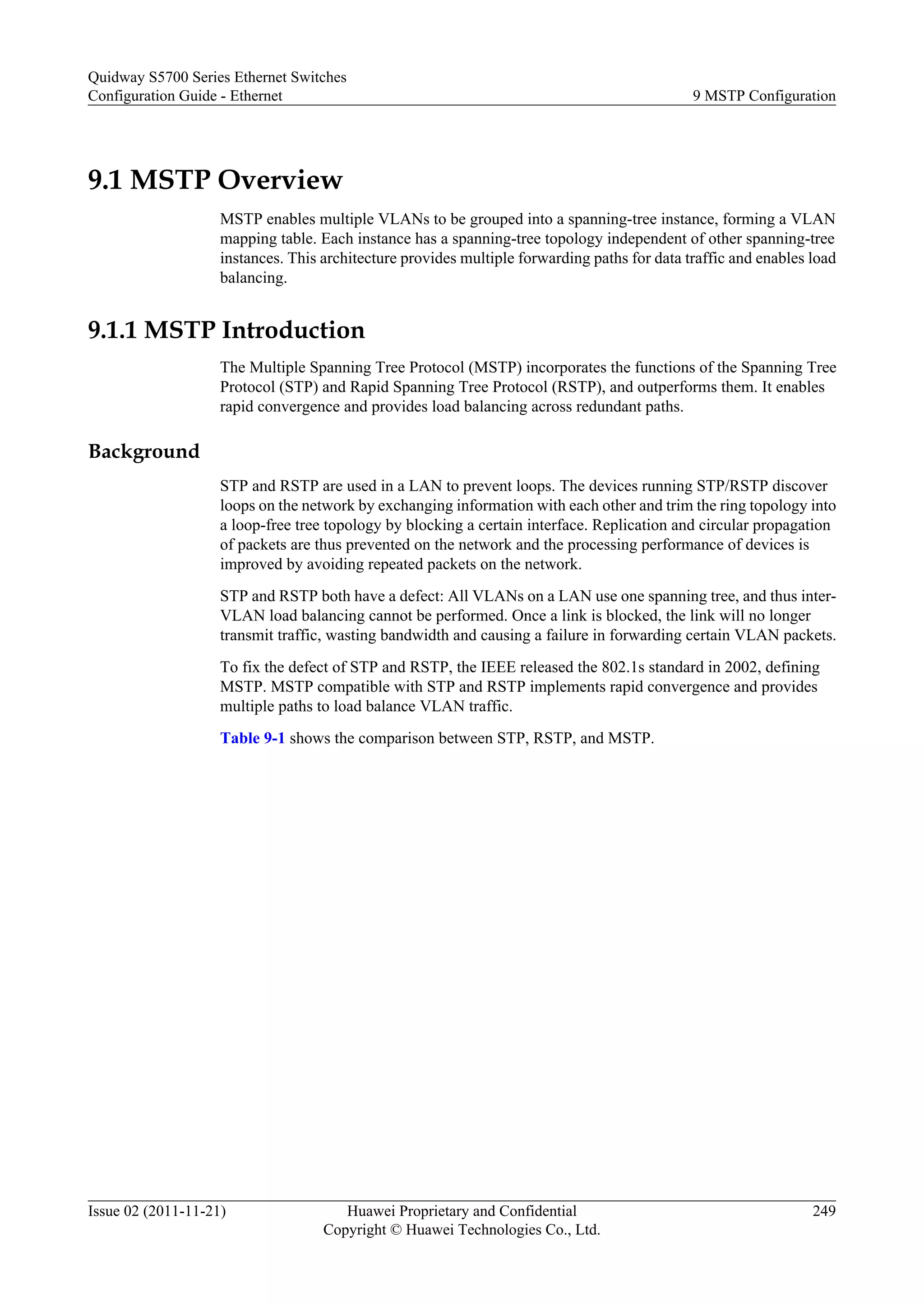 9.1 MSTP Overview
MSTP enables multiple VLANs to be grouped into a spanning-tree instance, forming a VLAN
mapping table. Each instance has a spanning-tree topology independent of other spanning-tree
instances. This architecture provides multiple forwarding paths for data traffic and enables load
balancing.
9.1.1 MSTP Introduction
The Multiple Spanning Tree Protocol (MSTP) incorporates the functions of the Spanning Tree
Protocol (STP) and Rapid Spanning Tree Protocol (RSTP), and outperforms them. It enables
rapid convergence and provides load balancing across redundant paths.
Background
STP and RSTP are used in a LAN to prevent loops. The devices running STP/RSTP discover
loops on the network by exchanging information with each other and trim the ring topology into
a loop-free tree topology by blocking a certain interface. Replication and circular propagation
of packets are thus prevented on the network and the processing performance of devices is
improved by avoiding repeated packets on the network.
STP and RSTP both have a defect: All VLANs on a LAN use one spanning tree, and thus inter-
VLAN load balancing cannot be performed. Once a link is blocked, the link will no longer
transmit traffic, wasting bandwidth and causing a failure in forwarding certain VLAN packets.
To fix the defect of STP and RSTP, the IEEE released the 802.1s standard in 2002, defining
MSTP. MSTP compatible with STP and RSTP implements rapid convergence and provides
multiple paths to load balance VLAN traffic.
Table 9-1 shows the comparison between STP, RSTP, and MSTP.
Quidway S5700 Series Ethernet Switches
Configuration Guide - Ethernet 9 MSTP Configuration
Issue 02 (2011-11-21) Huawei Proprietary and Confidential
Copyright © Huawei Technologies Co., Ltd.
249
 