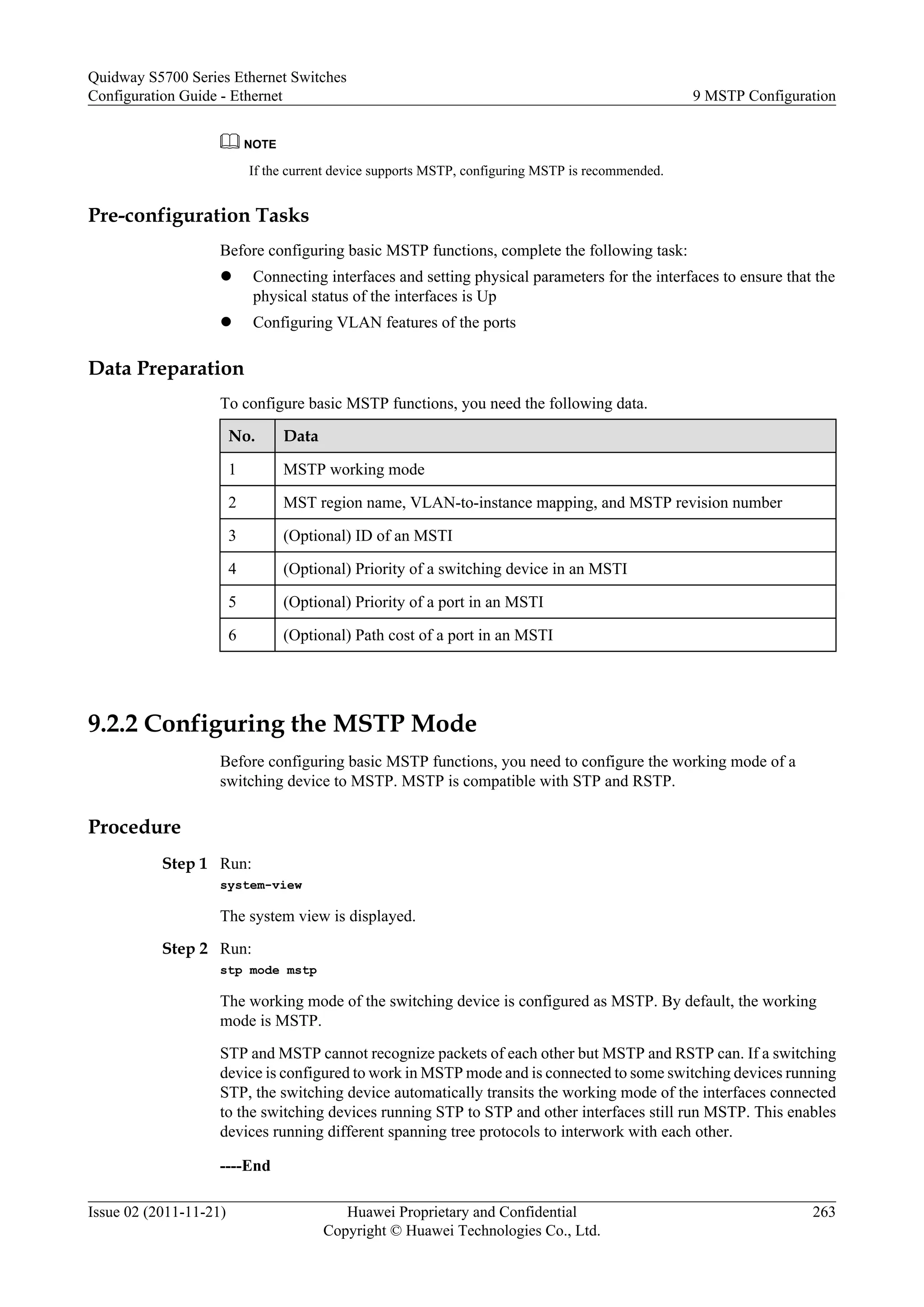 NOTE
If the current device supports MSTP, configuring MSTP is recommended.
Pre-configuration Tasks
Before configuring basic MSTP functions, complete the following task:
l Connecting interfaces and setting physical parameters for the interfaces to ensure that the
physical status of the interfaces is Up
l Configuring VLAN features of the ports
Data Preparation
To configure basic MSTP functions, you need the following data.
No. Data
1 MSTP working mode
2 MST region name, VLAN-to-instance mapping, and MSTP revision number
3 (Optional) ID of an MSTI
4 (Optional) Priority of a switching device in an MSTI
5 (Optional) Priority of a port in an MSTI
6 (Optional) Path cost of a port in an MSTI
9.2.2 Configuring the MSTP Mode
Before configuring basic MSTP functions, you need to configure the working mode of a
switching device to MSTP. MSTP is compatible with STP and RSTP.
Procedure
Step 1 Run:
system-view
The system view is displayed.
Step 2 Run:
stp mode mstp
The working mode of the switching device is configured as MSTP. By default, the working
mode is MSTP.
STP and MSTP cannot recognize packets of each other but MSTP and RSTP can. If a switching
device is configured to work in MSTP mode and is connected to some switching devices running
STP, the switching device automatically transits the working mode of the interfaces connected
to the switching devices running STP to STP and other interfaces still run MSTP. This enables
devices running different spanning tree protocols to interwork with each other.
----End
Quidway S5700 Series Ethernet Switches
Configuration Guide - Ethernet 9 MSTP Configuration
Issue 02 (2011-11-21) Huawei Proprietary and Confidential
Copyright © Huawei Technologies Co., Ltd.
263
 