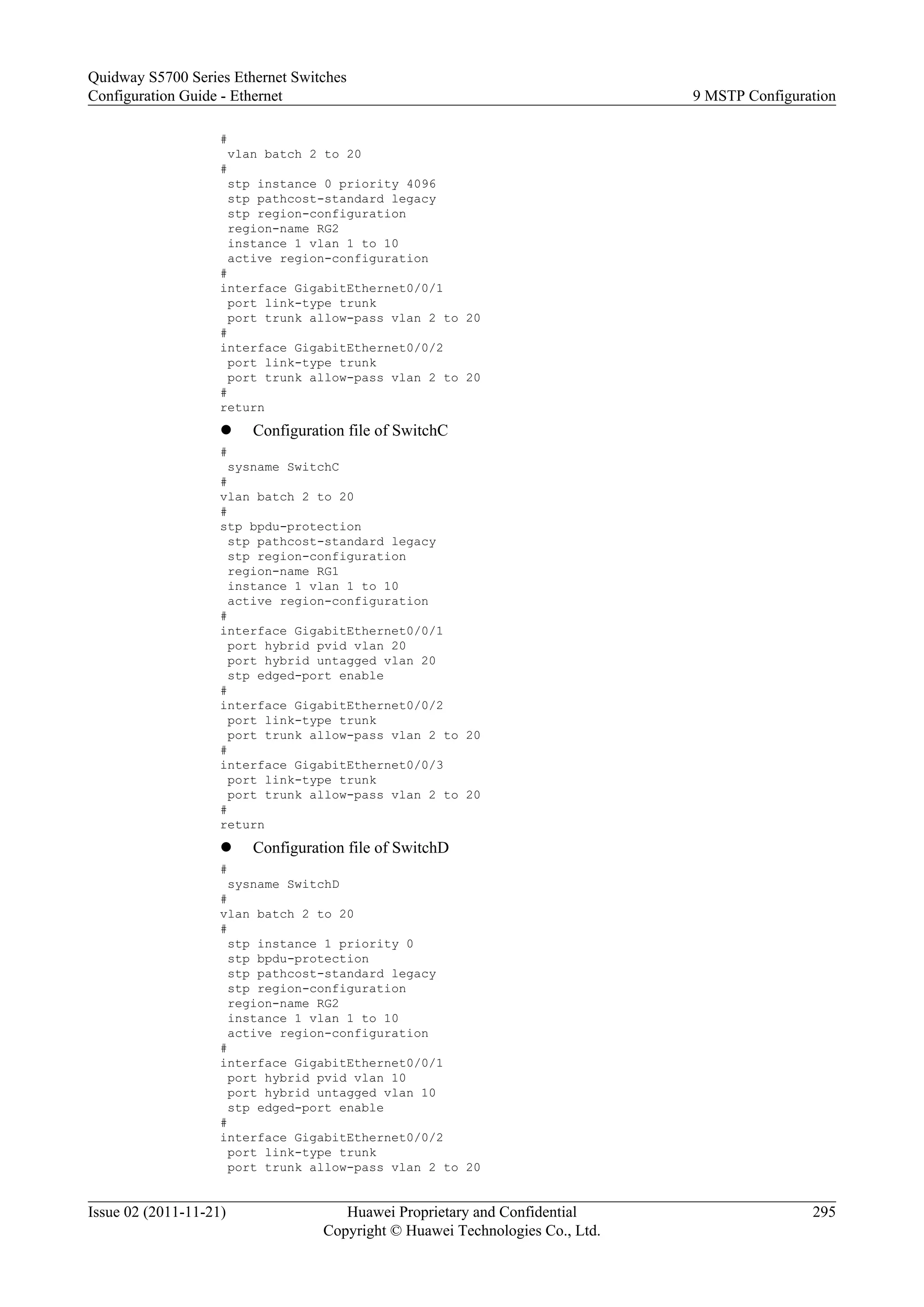 #
vlan batch 2 to 20
#
stp instance 0 priority 4096
stp pathcost-standard legacy
stp region-configuration
region-name RG2
instance 1 vlan 1 to 10
active region-configuration
#
interface GigabitEthernet0/0/1
port link-type trunk
port trunk allow-pass vlan 2 to 20
#
interface GigabitEthernet0/0/2
port link-type trunk
port trunk allow-pass vlan 2 to 20
#
return
l Configuration file of SwitchC
#
sysname SwitchC
#
vlan batch 2 to 20
#
stp bpdu-protection
stp pathcost-standard legacy
stp region-configuration
region-name RG1
instance 1 vlan 1 to 10
active region-configuration
#
interface GigabitEthernet0/0/1
port hybrid pvid vlan 20
port hybrid untagged vlan 20
stp edged-port enable
#
interface GigabitEthernet0/0/2
port link-type trunk
port trunk allow-pass vlan 2 to 20
#
interface GigabitEthernet0/0/3
port link-type trunk
port trunk allow-pass vlan 2 to 20
#
return
l Configuration file of SwitchD
#
sysname SwitchD
#
vlan batch 2 to 20
#
stp instance 1 priority 0
stp bpdu-protection
stp pathcost-standard legacy
stp region-configuration
region-name RG2
instance 1 vlan 1 to 10
active region-configuration
#
interface GigabitEthernet0/0/1
port hybrid pvid vlan 10
port hybrid untagged vlan 10
stp edged-port enable
#
interface GigabitEthernet0/0/2
port link-type trunk
port trunk allow-pass vlan 2 to 20
Quidway S5700 Series Ethernet Switches
Configuration Guide - Ethernet 9 MSTP Configuration
Issue 02 (2011-11-21) Huawei Proprietary and Confidential
Copyright © Huawei Technologies Co., Ltd.
295
 