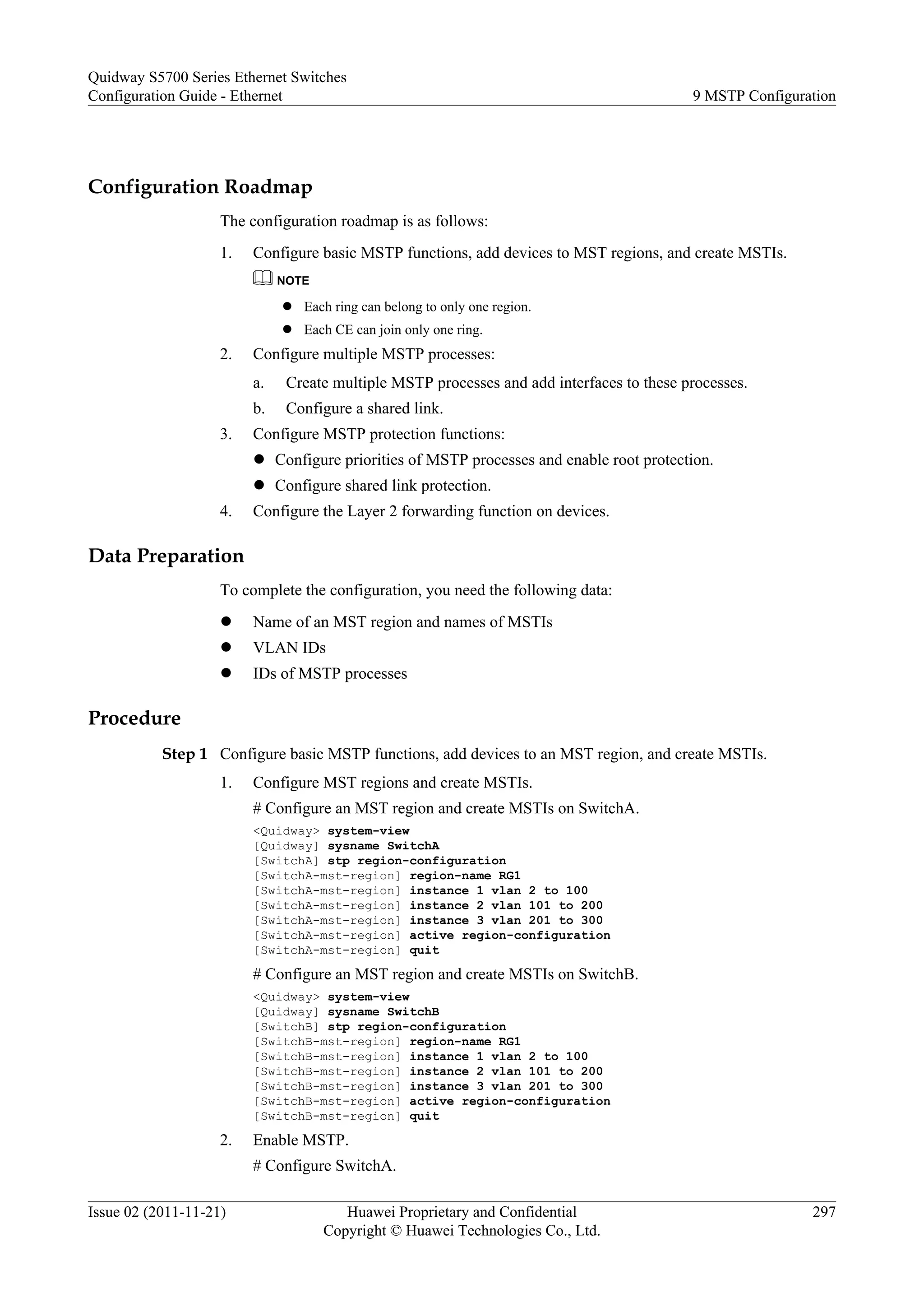 Configuration Roadmap
The configuration roadmap is as follows:
1. Configure basic MSTP functions, add devices to MST regions, and create MSTIs.
NOTE
l Each ring can belong to only one region.
l Each CE can join only one ring.
2. Configure multiple MSTP processes:
a. Create multiple MSTP processes and add interfaces to these processes.
b. Configure a shared link.
3. Configure MSTP protection functions:
l Configure priorities of MSTP processes and enable root protection.
l Configure shared link protection.
4. Configure the Layer 2 forwarding function on devices.
Data Preparation
To complete the configuration, you need the following data:
l Name of an MST region and names of MSTIs
l VLAN IDs
l IDs of MSTP processes
Procedure
Step 1 Configure basic MSTP functions, add devices to an MST region, and create MSTIs.
1. Configure MST regions and create MSTIs.
# Configure an MST region and create MSTIs on SwitchA.
<Quidway> system-view
[Quidway] sysname SwitchA
[SwitchA] stp region-configuration
[SwitchA-mst-region] region-name RG1
[SwitchA-mst-region] instance 1 vlan 2 to 100
[SwitchA-mst-region] instance 2 vlan 101 to 200
[SwitchA-mst-region] instance 3 vlan 201 to 300
[SwitchA-mst-region] active region-configuration
[SwitchA-mst-region] quit
# Configure an MST region and create MSTIs on SwitchB.
<Quidway> system-view
[Quidway] sysname SwitchB
[SwitchB] stp region-configuration
[SwitchB-mst-region] region-name RG1
[SwitchB-mst-region] instance 1 vlan 2 to 100
[SwitchB-mst-region] instance 2 vlan 101 to 200
[SwitchB-mst-region] instance 3 vlan 201 to 300
[SwitchB-mst-region] active region-configuration
[SwitchB-mst-region] quit
2. Enable MSTP.
# Configure SwitchA.
Quidway S5700 Series Ethernet Switches
Configuration Guide - Ethernet 9 MSTP Configuration
Issue 02 (2011-11-21) Huawei Proprietary and Confidential
Copyright © Huawei Technologies Co., Ltd.
297
 
