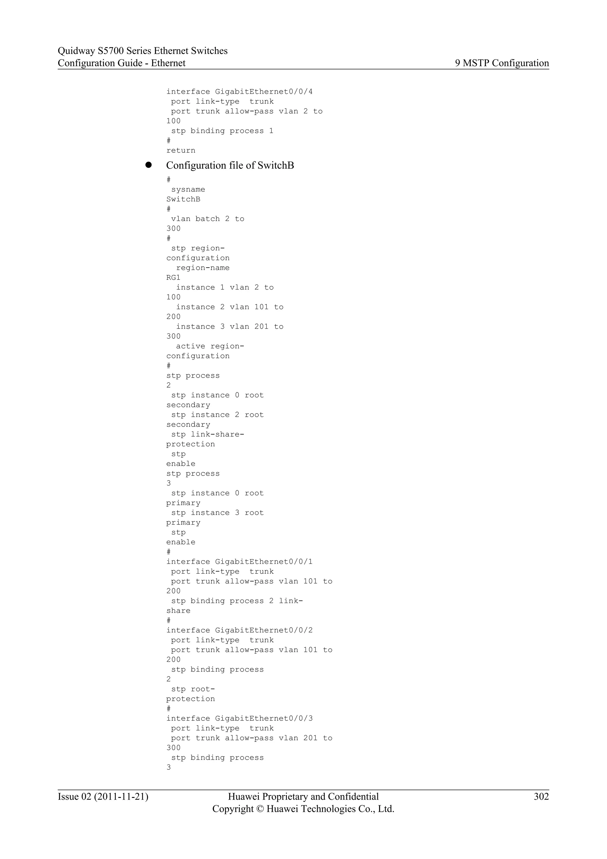 interface GigabitEthernet0/0/4
port link-type trunk
port trunk allow-pass vlan 2 to
100
stp binding process 1
#
return
l Configuration file of SwitchB
#
sysname
SwitchB
#
vlan batch 2 to
300
#
stp region-
configuration
region-name
RG1
instance 1 vlan 2 to
100
instance 2 vlan 101 to
200
instance 3 vlan 201 to
300
active region-
configuration
#
stp process
2
stp instance 0 root
secondary
stp instance 2 root
secondary
stp link-share-
protection
stp
enable
stp process
3
stp instance 0 root
primary
stp instance 3 root
primary
stp
enable
#
interface GigabitEthernet0/0/1
port link-type trunk
port trunk allow-pass vlan 101 to
200
stp binding process 2 link-
share
#
interface GigabitEthernet0/0/2
port link-type trunk
port trunk allow-pass vlan 101 to
200
stp binding process
2
stp root-
protection
#
interface GigabitEthernet0/0/3
port link-type trunk
port trunk allow-pass vlan 201 to
300
stp binding process
3
Quidway S5700 Series Ethernet Switches
Configuration Guide - Ethernet 9 MSTP Configuration
Issue 02 (2011-11-21) Huawei Proprietary and Confidential
Copyright © Huawei Technologies Co., Ltd.
302
 