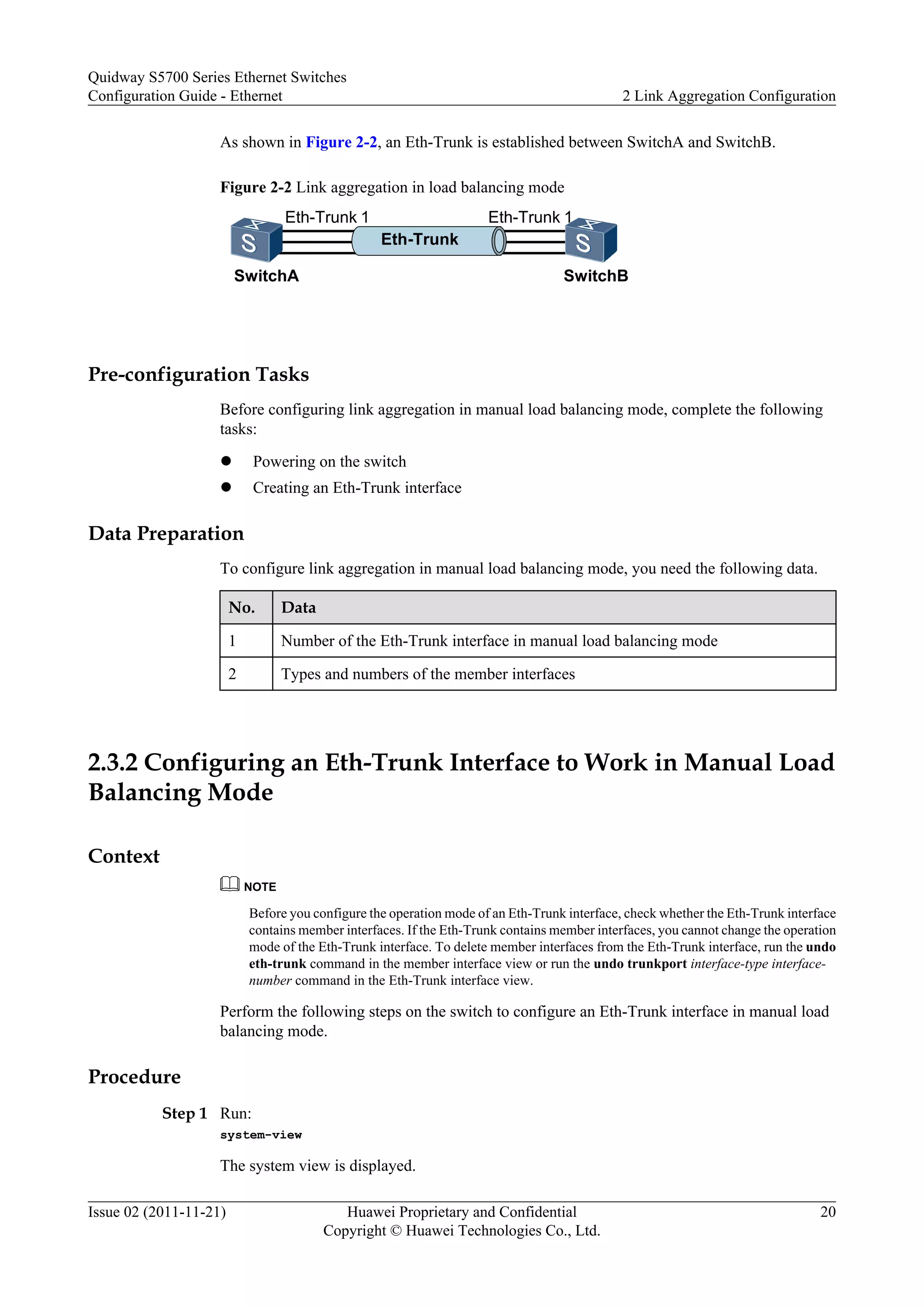 As shown in Figure 2-2, an Eth-Trunk is established between SwitchA and SwitchB.
Figure 2-2 Link aggregation in load balancing mode
SwitchA SwitchB
Eth-Trunk
Eth-Trunk 1 Eth-Trunk 1
Pre-configuration Tasks
Before configuring link aggregation in manual load balancing mode, complete the following
tasks:
l Powering on the switch
l Creating an Eth-Trunk interface
Data Preparation
To configure link aggregation in manual load balancing mode, you need the following data.
No. Data
1 Number of the Eth-Trunk interface in manual load balancing mode
2 Types and numbers of the member interfaces
2.3.2 Configuring an Eth-Trunk Interface to Work in Manual Load
Balancing Mode
Context
NOTE
Before you configure the operation mode of an Eth-Trunk interface, check whether the Eth-Trunk interface
contains member interfaces. If the Eth-Trunk contains member interfaces, you cannot change the operation
mode of the Eth-Trunk interface. To delete member interfaces from the Eth-Trunk interface, run the undo
eth-trunk command in the member interface view or run the undo trunkport interface-type interface-
number command in the Eth-Trunk interface view.
Perform the following steps on the switch to configure an Eth-Trunk interface in manual load
balancing mode.
Procedure
Step 1 Run:
system-view
The system view is displayed.
Quidway S5700 Series Ethernet Switches
Configuration Guide - Ethernet 2 Link Aggregation Configuration
Issue 02 (2011-11-21) Huawei Proprietary and Confidential
Copyright © Huawei Technologies Co., Ltd.
20
 