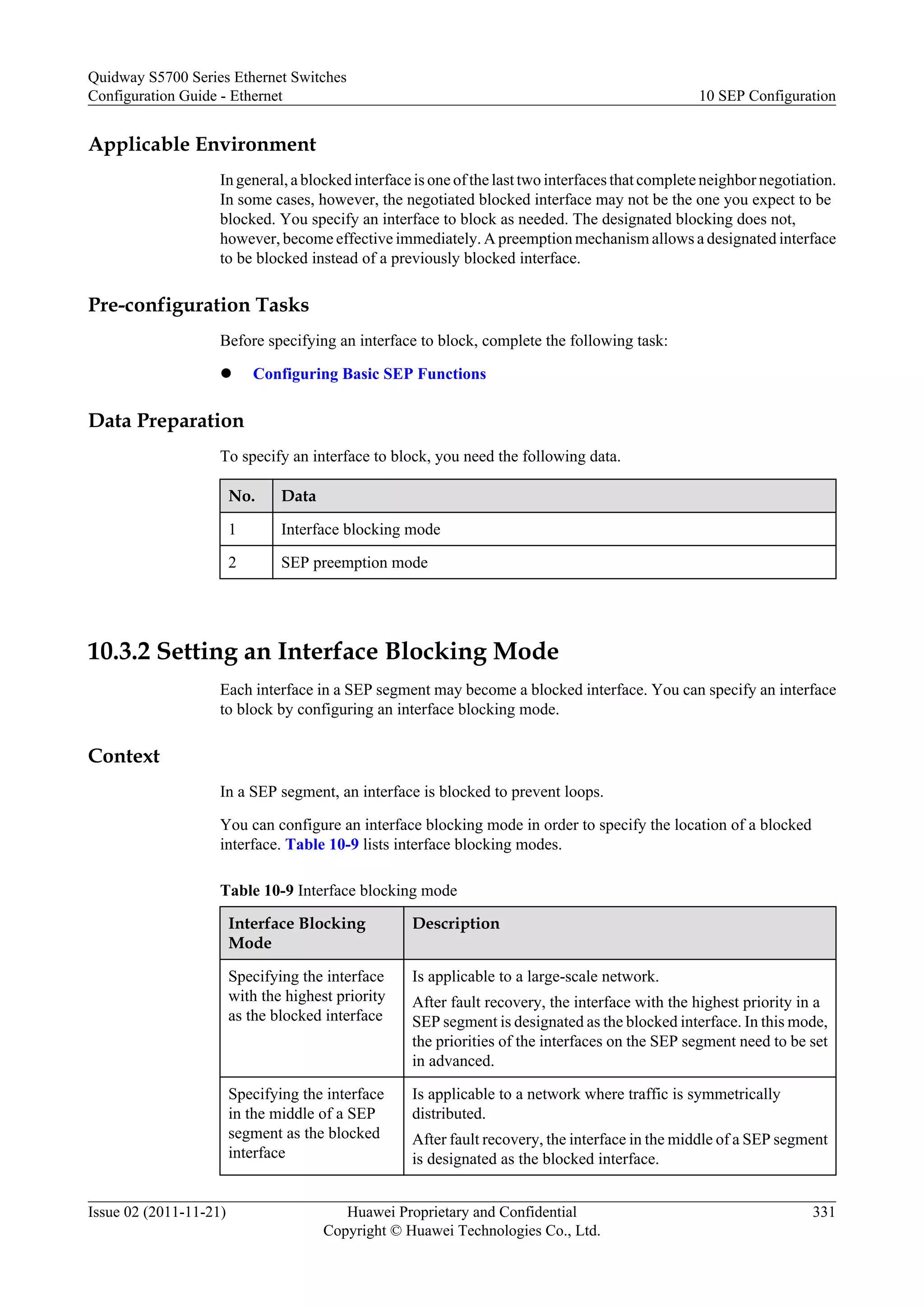 Applicable Environment
In general, a blocked interface is one of the last two interfaces that complete neighbor negotiation.
In some cases, however, the negotiated blocked interface may not be the one you expect to be
blocked. You specify an interface to block as needed. The designated blocking does not,
however, become effective immediately. A preemption mechanism allows a designated interface
to be blocked instead of a previously blocked interface.
Pre-configuration Tasks
Before specifying an interface to block, complete the following task:
l Configuring Basic SEP Functions
Data Preparation
To specify an interface to block, you need the following data.
No. Data
1 Interface blocking mode
2 SEP preemption mode
10.3.2 Setting an Interface Blocking Mode
Each interface in a SEP segment may become a blocked interface. You can specify an interface
to block by configuring an interface blocking mode.
Context
In a SEP segment, an interface is blocked to prevent loops.
You can configure an interface blocking mode in order to specify the location of a blocked
interface. Table 10-9 lists interface blocking modes.
Table 10-9 Interface blocking mode
Interface Blocking
Mode
Description
Specifying the interface
with the highest priority
as the blocked interface
Is applicable to a large-scale network.
After fault recovery, the interface with the highest priority in a
SEP segment is designated as the blocked interface. In this mode,
the priorities of the interfaces on the SEP segment need to be set
in advanced.
Specifying the interface
in the middle of a SEP
segment as the blocked
interface
Is applicable to a network where traffic is symmetrically
distributed.
After fault recovery, the interface in the middle of a SEP segment
is designated as the blocked interface.
Quidway S5700 Series Ethernet Switches
Configuration Guide - Ethernet 10 SEP Configuration
Issue 02 (2011-11-21) Huawei Proprietary and Confidential
Copyright © Huawei Technologies Co., Ltd.
331
 