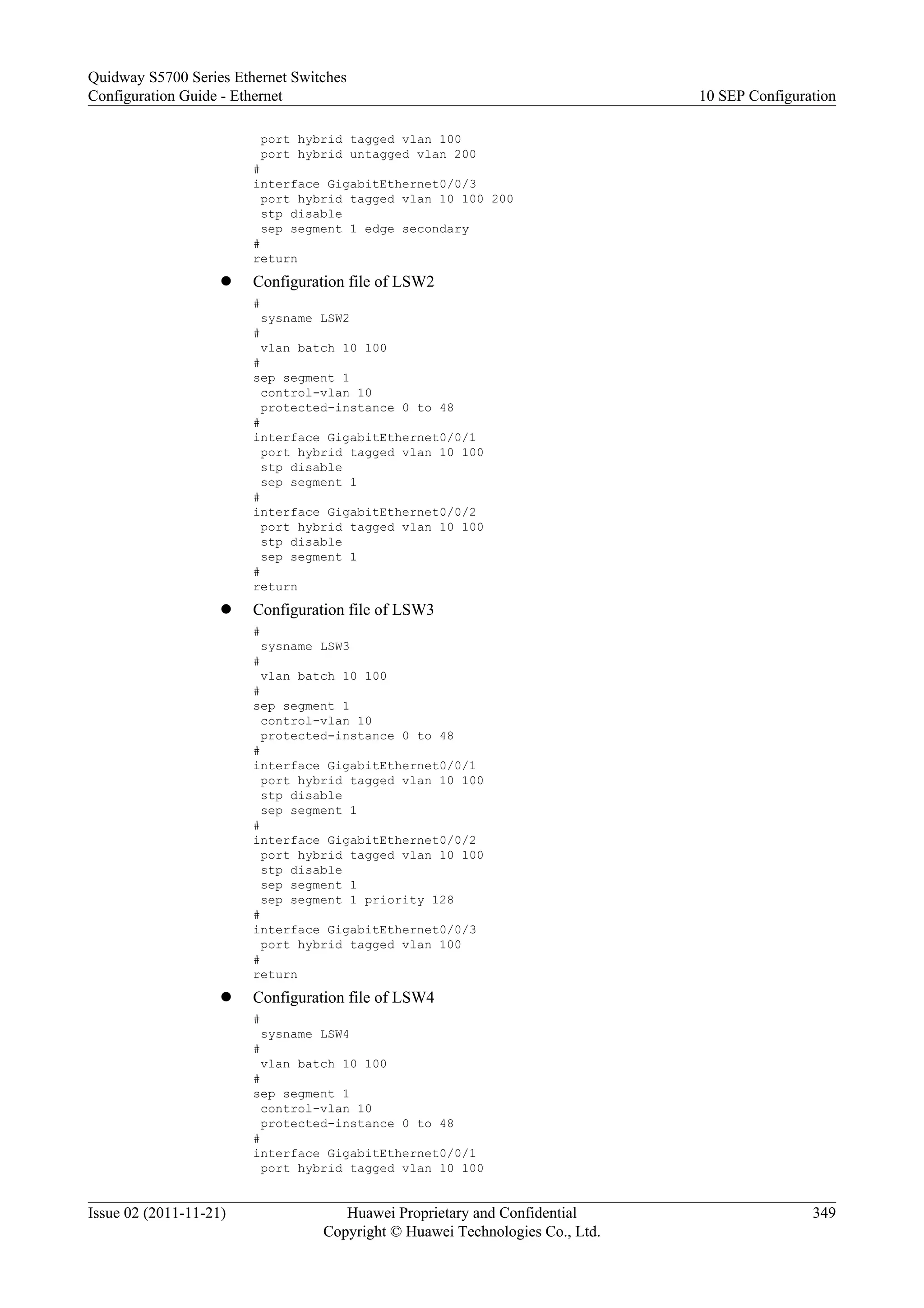 port hybrid tagged vlan 100
port hybrid untagged vlan 200
#
interface GigabitEthernet0/0/3
port hybrid tagged vlan 10 100 200
stp disable
sep segment 1 edge secondary
#
return
l Configuration file of LSW2
#
sysname LSW2
#
vlan batch 10 100
#
sep segment 1
control-vlan 10
protected-instance 0 to 48
#
interface GigabitEthernet0/0/1
port hybrid tagged vlan 10 100
stp disable
sep segment 1
#
interface GigabitEthernet0/0/2
port hybrid tagged vlan 10 100
stp disable
sep segment 1
#
return
l Configuration file of LSW3
#
sysname LSW3
#
vlan batch 10 100
#
sep segment 1
control-vlan 10
protected-instance 0 to 48
#
interface GigabitEthernet0/0/1
port hybrid tagged vlan 10 100
stp disable
sep segment 1
#
interface GigabitEthernet0/0/2
port hybrid tagged vlan 10 100
stp disable
sep segment 1
sep segment 1 priority 128
#
interface GigabitEthernet0/0/3
port hybrid tagged vlan 100
#
return
l Configuration file of LSW4
#
sysname LSW4
#
vlan batch 10 100
#
sep segment 1
control-vlan 10
protected-instance 0 to 48
#
interface GigabitEthernet0/0/1
port hybrid tagged vlan 10 100
Quidway S5700 Series Ethernet Switches
Configuration Guide - Ethernet 10 SEP Configuration
Issue 02 (2011-11-21) Huawei Proprietary and Confidential
Copyright © Huawei Technologies Co., Ltd.
349
 