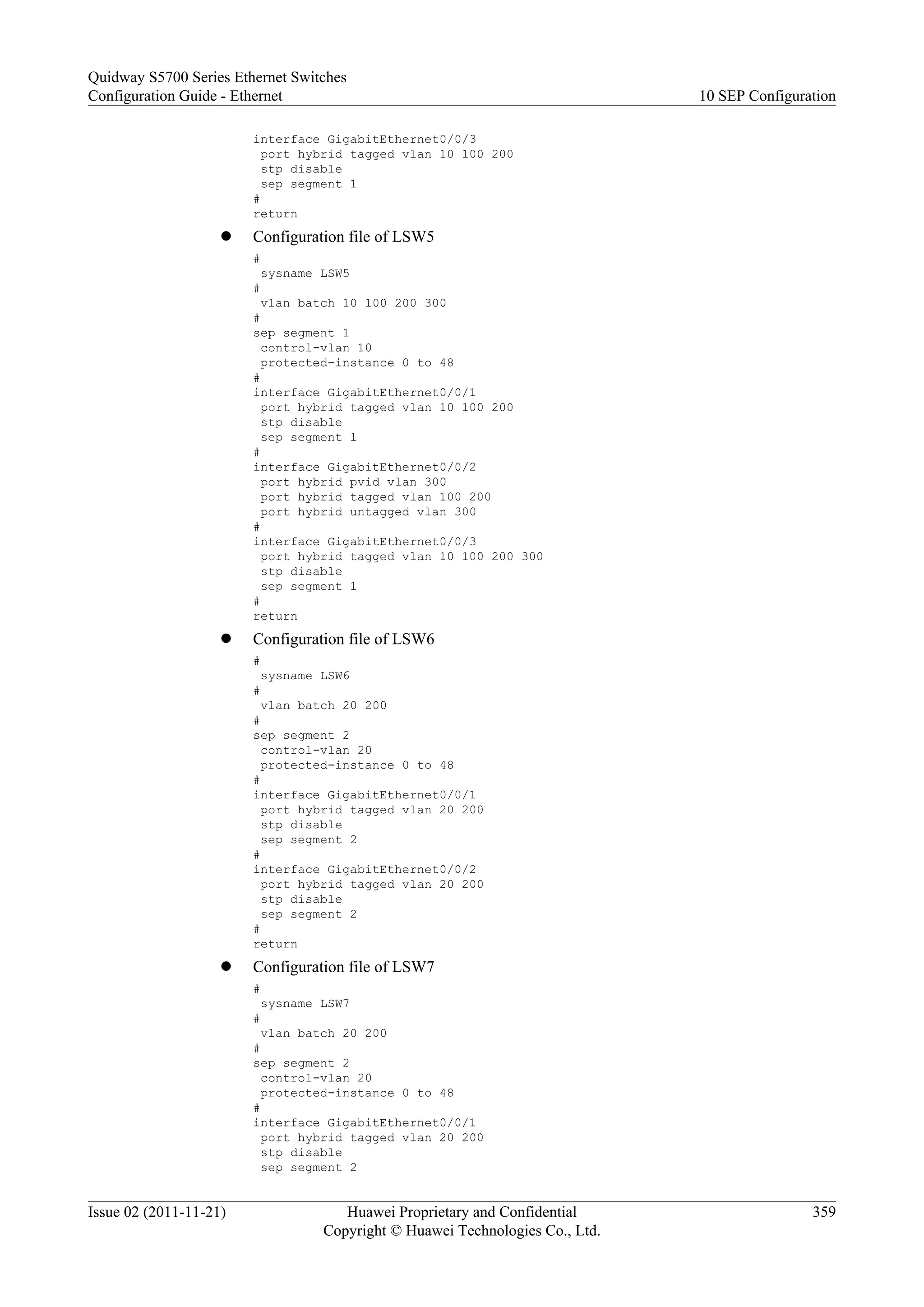 interface GigabitEthernet0/0/3
port hybrid tagged vlan 10 100 200
stp disable
sep segment 1
#
return
l Configuration file of LSW5
#
sysname LSW5
#
vlan batch 10 100 200 300
#
sep segment 1
control-vlan 10
protected-instance 0 to 48
#
interface GigabitEthernet0/0/1
port hybrid tagged vlan 10 100 200
stp disable
sep segment 1
#
interface GigabitEthernet0/0/2
port hybrid pvid vlan 300
port hybrid tagged vlan 100 200
port hybrid untagged vlan 300
#
interface GigabitEthernet0/0/3
port hybrid tagged vlan 10 100 200 300
stp disable
sep segment 1
#
return
l Configuration file of LSW6
#
sysname LSW6
#
vlan batch 20 200
#
sep segment 2
control-vlan 20
protected-instance 0 to 48
#
interface GigabitEthernet0/0/1
port hybrid tagged vlan 20 200
stp disable
sep segment 2
#
interface GigabitEthernet0/0/2
port hybrid tagged vlan 20 200
stp disable
sep segment 2
#
return
l Configuration file of LSW7
#
sysname LSW7
#
vlan batch 20 200
#
sep segment 2
control-vlan 20
protected-instance 0 to 48
#
interface GigabitEthernet0/0/1
port hybrid tagged vlan 20 200
stp disable
sep segment 2
Quidway S5700 Series Ethernet Switches
Configuration Guide - Ethernet 10 SEP Configuration
Issue 02 (2011-11-21) Huawei Proprietary and Confidential
Copyright © Huawei Technologies Co., Ltd.
359
 