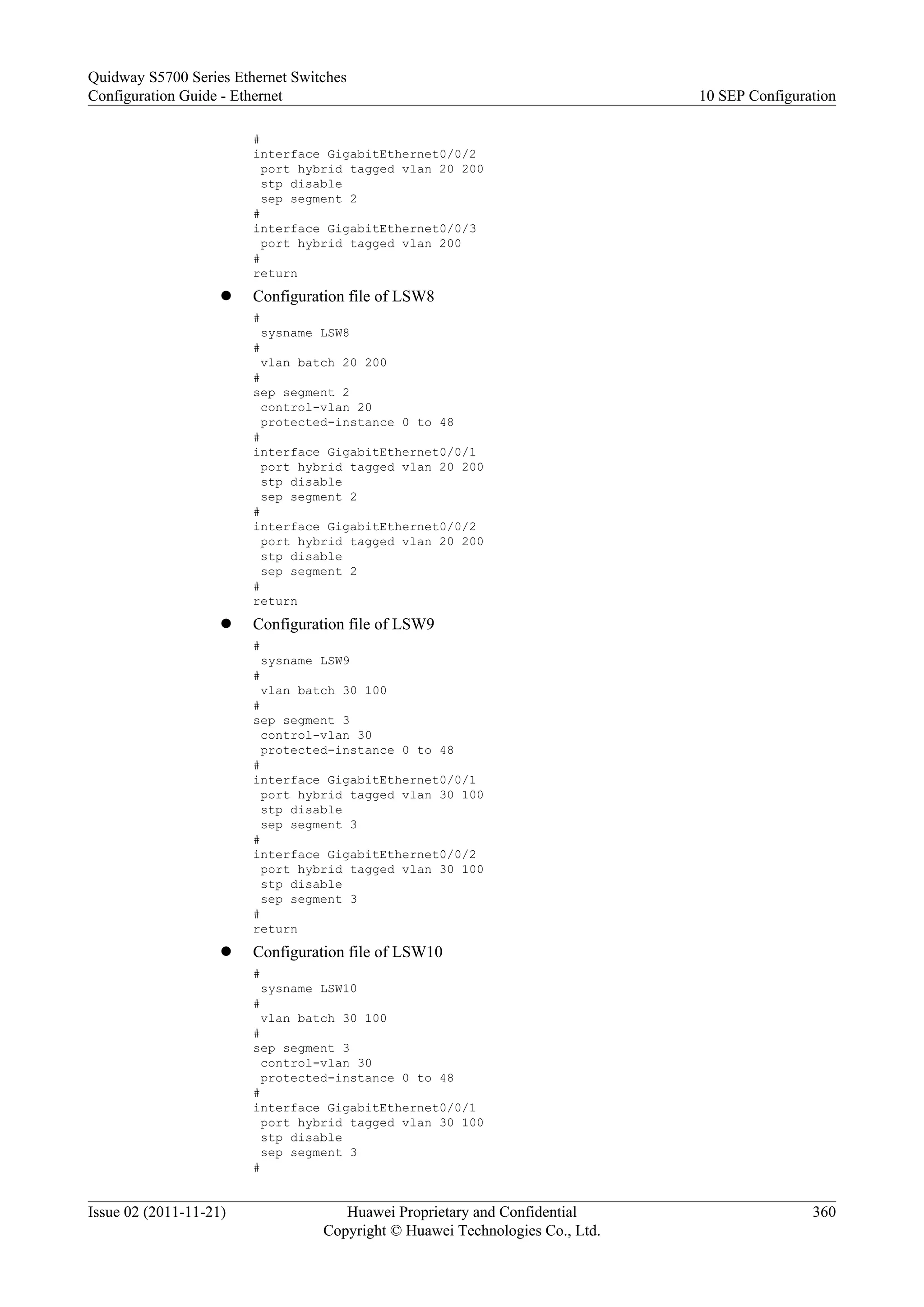 #
interface GigabitEthernet0/0/2
port hybrid tagged vlan 20 200
stp disable
sep segment 2
#
interface GigabitEthernet0/0/3
port hybrid tagged vlan 200
#
return
l Configuration file of LSW8
#
sysname LSW8
#
vlan batch 20 200
#
sep segment 2
control-vlan 20
protected-instance 0 to 48
#
interface GigabitEthernet0/0/1
port hybrid tagged vlan 20 200
stp disable
sep segment 2
#
interface GigabitEthernet0/0/2
port hybrid tagged vlan 20 200
stp disable
sep segment 2
#
return
l Configuration file of LSW9
#
sysname LSW9
#
vlan batch 30 100
#
sep segment 3
control-vlan 30
protected-instance 0 to 48
#
interface GigabitEthernet0/0/1
port hybrid tagged vlan 30 100
stp disable
sep segment 3
#
interface GigabitEthernet0/0/2
port hybrid tagged vlan 30 100
stp disable
sep segment 3
#
return
l Configuration file of LSW10
#
sysname LSW10
#
vlan batch 30 100
#
sep segment 3
control-vlan 30
protected-instance 0 to 48
#
interface GigabitEthernet0/0/1
port hybrid tagged vlan 30 100
stp disable
sep segment 3
#
Quidway S5700 Series Ethernet Switches
Configuration Guide - Ethernet 10 SEP Configuration
Issue 02 (2011-11-21) Huawei Proprietary and Confidential
Copyright © Huawei Technologies Co., Ltd.
360
 