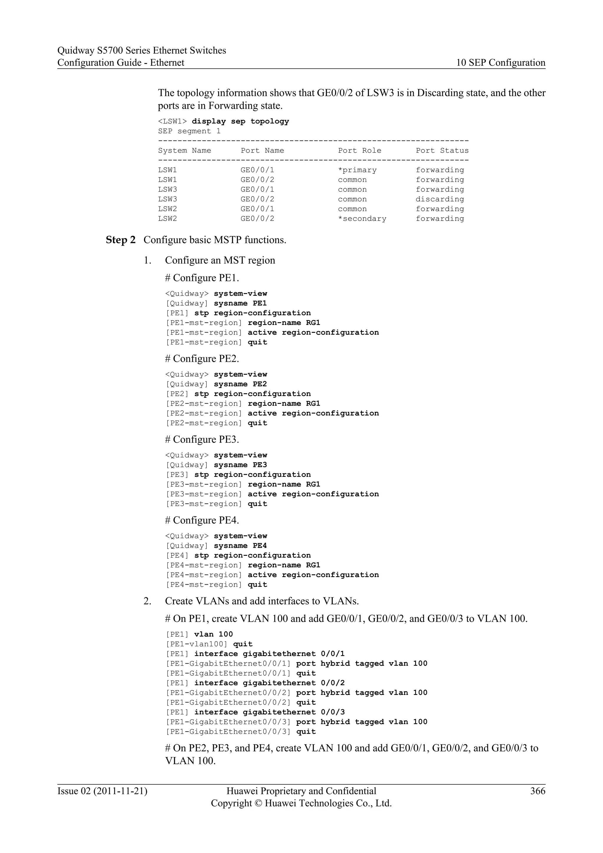 The topology information shows that GE0/0/2 of LSW3 is in Discarding state, and the other
ports are in Forwarding state.
<LSW1> display sep topology
SEP segment 1
----------------------------------------------------------------
System Name Port Name Port Role Port Status
----------------------------------------------------------------
LSW1 GE0/0/1 *primary forwarding
LSW1 GE0/0/2 common forwarding
LSW3 GE0/0/1 common forwarding
LSW3 GE0/0/2 common discarding
LSW2 GE0/0/1 common forwarding
LSW2 GE0/0/2 *secondary forwarding
Step 2 Configure basic MSTP functions.
1. Configure an MST region
# Configure PE1.
<Quidway> system-view
[Quidway] sysname PE1
[PE1] stp region-configuration
[PE1-mst-region] region-name RG1
[PE1-mst-region] active region-configuration
[PE1-mst-region] quit
# Configure PE2.
<Quidway> system-view
[Quidway] sysname PE2
[PE2] stp region-configuration
[PE2-mst-region] region-name RG1
[PE2-mst-region] active region-configuration
[PE2-mst-region] quit
# Configure PE3.
<Quidway> system-view
[Quidway] sysname PE3
[PE3] stp region-configuration
[PE3-mst-region] region-name RG1
[PE3-mst-region] active region-configuration
[PE3-mst-region] quit
# Configure PE4.
<Quidway> system-view
[Quidway] sysname PE4
[PE4] stp region-configuration
[PE4-mst-region] region-name RG1
[PE4-mst-region] active region-configuration
[PE4-mst-region] quit
2. Create VLANs and add interfaces to VLANs.
# On PE1, create VLAN 100 and add GE0/0/1, GE0/0/2, and GE0/0/3 to VLAN 100.
[PE1] vlan 100
[PE1-vlan100] quit
[PE1] interface gigabitethernet 0/0/1
[PE1-GigabitEthernet0/0/1] port hybrid tagged vlan 100
[PE1-GigabitEthernet0/0/1] quit
[PE1] interface gigabitethernet 0/0/2
[PE1-GigabitEthernet0/0/2] port hybrid tagged vlan 100
[PE1-GigabitEthernet0/0/2] quit
[PE1] interface gigabitethernet 0/0/3
[PE1-GigabitEthernet0/0/3] port hybrid tagged vlan 100
[PE1-GigabitEthernet0/0/3] quit
# On PE2, PE3, and PE4, create VLAN 100 and add GE0/0/1, GE0/0/2, and GE0/0/3 to
VLAN 100.
Quidway S5700 Series Ethernet Switches
Configuration Guide - Ethernet 10 SEP Configuration
Issue 02 (2011-11-21) Huawei Proprietary and Confidential
Copyright © Huawei Technologies Co., Ltd.
366
 