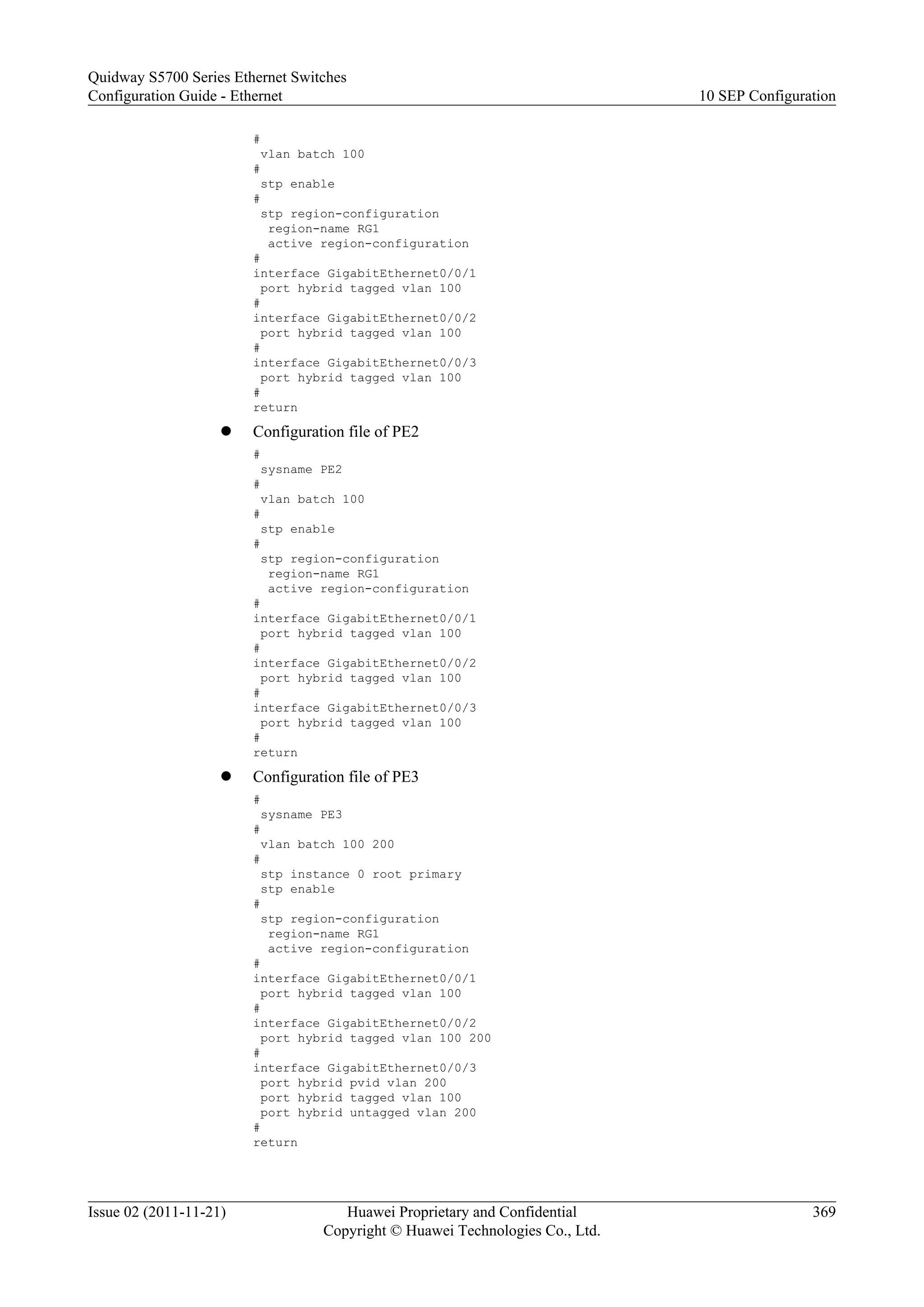 #
vlan batch 100
#
stp enable
#
stp region-configuration
region-name RG1
active region-configuration
#
interface GigabitEthernet0/0/1
port hybrid tagged vlan 100
#
interface GigabitEthernet0/0/2
port hybrid tagged vlan 100
#
interface GigabitEthernet0/0/3
port hybrid tagged vlan 100
#
return
l Configuration file of PE2
#
sysname PE2
#
vlan batch 100
#
stp enable
#
stp region-configuration
region-name RG1
active region-configuration
#
interface GigabitEthernet0/0/1
port hybrid tagged vlan 100
#
interface GigabitEthernet0/0/2
port hybrid tagged vlan 100
#
interface GigabitEthernet0/0/3
port hybrid tagged vlan 100
#
return
l Configuration file of PE3
#
sysname PE3
#
vlan batch 100 200
#
stp instance 0 root primary
stp enable
#
stp region-configuration
region-name RG1
active region-configuration
#
interface GigabitEthernet0/0/1
port hybrid tagged vlan 100
#
interface GigabitEthernet0/0/2
port hybrid tagged vlan 100 200
#
interface GigabitEthernet0/0/3
port hybrid pvid vlan 200
port hybrid tagged vlan 100
port hybrid untagged vlan 200
#
return
Quidway S5700 Series Ethernet Switches
Configuration Guide - Ethernet 10 SEP Configuration
Issue 02 (2011-11-21) Huawei Proprietary and Confidential
Copyright © Huawei Technologies Co., Ltd.
369
 