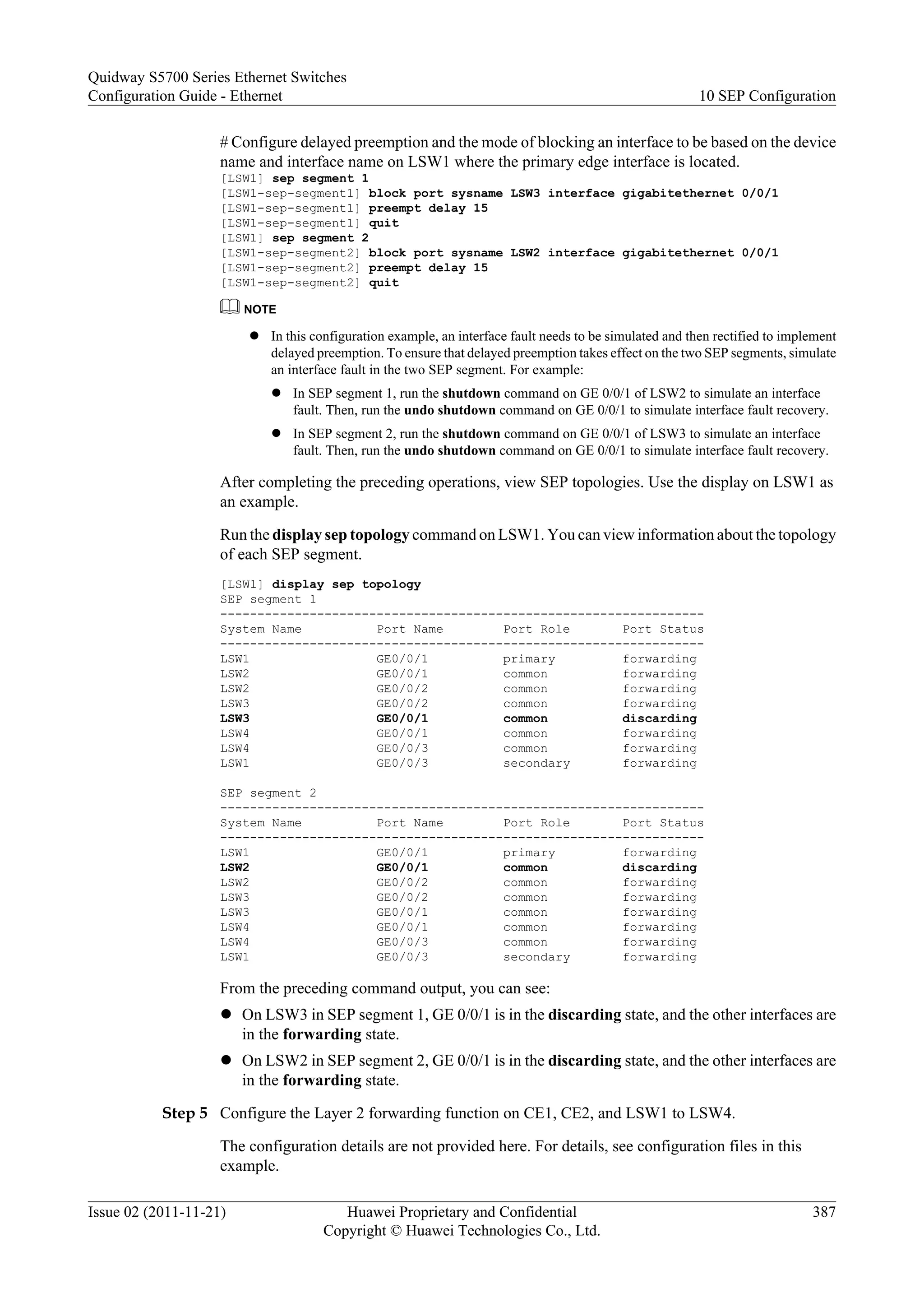 # Configure delayed preemption and the mode of blocking an interface to be based on the device
name and interface name on LSW1 where the primary edge interface is located.
[LSW1] sep segment 1
[LSW1-sep-segment1] block port sysname LSW3 interface gigabitethernet 0/0/1
[LSW1-sep-segment1] preempt delay 15
[LSW1-sep-segment1] quit
[LSW1] sep segment 2
[LSW1-sep-segment2] block port sysname LSW2 interface gigabitethernet 0/0/1
[LSW1-sep-segment2] preempt delay 15
[LSW1-sep-segment2] quit
NOTE
l In this configuration example, an interface fault needs to be simulated and then rectified to implement
delayed preemption. To ensure that delayed preemption takes effect on the two SEP segments, simulate
an interface fault in the two SEP segment. For example:
l In SEP segment 1, run the shutdown command on GE 0/0/1 of LSW2 to simulate an interface
fault. Then, run the undo shutdown command on GE 0/0/1 to simulate interface fault recovery.
l In SEP segment 2, run the shutdown command on GE 0/0/1 of LSW3 to simulate an interface
fault. Then, run the undo shutdown command on GE 0/0/1 to simulate interface fault recovery.
After completing the preceding operations, view SEP topologies. Use the display on LSW1 as
an example.
Run the display sep topology command on LSW1. You can view information about the topology
of each SEP segment.
[LSW1] display sep topology
SEP segment 1
-----------------------------------------------------------------
System Name Port Name Port Role Port Status
-----------------------------------------------------------------
LSW1 GE0/0/1 primary forwarding
LSW2 GE0/0/1 common forwarding
LSW2 GE0/0/2 common forwarding
LSW3 GE0/0/2 common forwarding
LSW3 GE0/0/1 common discarding
LSW4 GE0/0/1 common forwarding
LSW4 GE0/0/3 common forwarding
LSW1 GE0/0/3 secondary forwarding
SEP segment 2
-----------------------------------------------------------------
System Name Port Name Port Role Port Status
-----------------------------------------------------------------
LSW1 GE0/0/1 primary forwarding
LSW2 GE0/0/1 common discarding
LSW2 GE0/0/2 common forwarding
LSW3 GE0/0/2 common forwarding
LSW3 GE0/0/1 common forwarding
LSW4 GE0/0/1 common forwarding
LSW4 GE0/0/3 common forwarding
LSW1 GE0/0/3 secondary forwarding
From the preceding command output, you can see:
l On LSW3 in SEP segment 1, GE 0/0/1 is in the discarding state, and the other interfaces are
in the forwarding state.
l On LSW2 in SEP segment 2, GE 0/0/1 is in the discarding state, and the other interfaces are
in the forwarding state.
Step 5 Configure the Layer 2 forwarding function on CE1, CE2, and LSW1 to LSW4.
The configuration details are not provided here. For details, see configuration files in this
example.
Quidway S5700 Series Ethernet Switches
Configuration Guide - Ethernet 10 SEP Configuration
Issue 02 (2011-11-21) Huawei Proprietary and Confidential
Copyright © Huawei Technologies Co., Ltd.
387
 