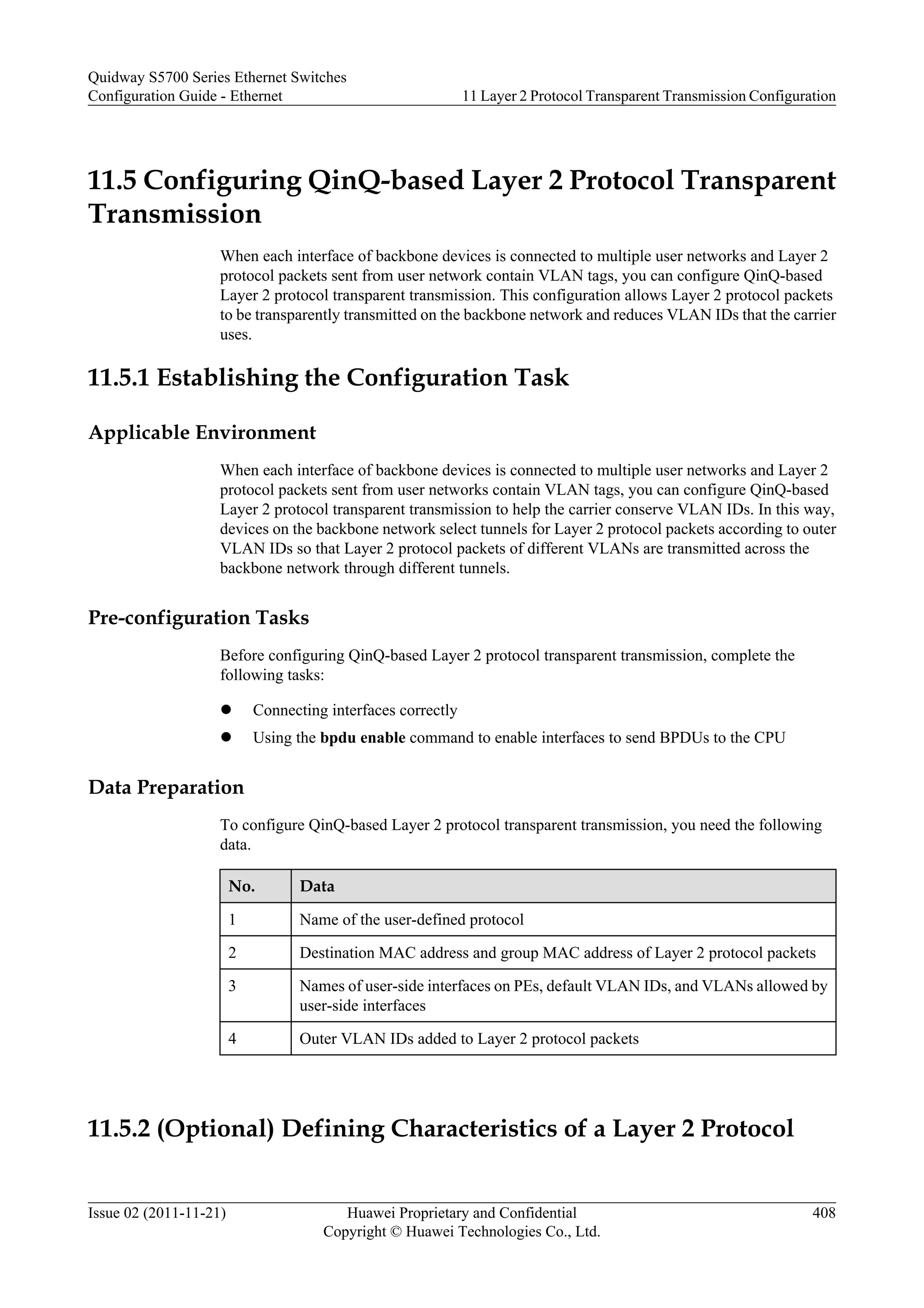 11.5 Configuring QinQ-based Layer 2 Protocol Transparent
Transmission
When each interface of backbone devices is connected to multiple user networks and Layer 2
protocol packets sent from user network contain VLAN tags, you can configure QinQ-based
Layer 2 protocol transparent transmission. This configuration allows Layer 2 protocol packets
to be transparently transmitted on the backbone network and reduces VLAN IDs that the carrier
uses.
11.5.1 Establishing the Configuration Task
Applicable Environment
When each interface of backbone devices is connected to multiple user networks and Layer 2
protocol packets sent from user networks contain VLAN tags, you can configure QinQ-based
Layer 2 protocol transparent transmission to help the carrier conserve VLAN IDs. In this way,
devices on the backbone network select tunnels for Layer 2 protocol packets according to outer
VLAN IDs so that Layer 2 protocol packets of different VLANs are transmitted across the
backbone network through different tunnels.
Pre-configuration Tasks
Before configuring QinQ-based Layer 2 protocol transparent transmission, complete the
following tasks:
l Connecting interfaces correctly
l Using the bpdu enable command to enable interfaces to send BPDUs to the CPU
Data Preparation
To configure QinQ-based Layer 2 protocol transparent transmission, you need the following
data.
No. Data
1 Name of the user-defined protocol
2 Destination MAC address and group MAC address of Layer 2 protocol packets
3 Names of user-side interfaces on PEs, default VLAN IDs, and VLANs allowed by
user-side interfaces
4 Outer VLAN IDs added to Layer 2 protocol packets
11.5.2 (Optional) Defining Characteristics of a Layer 2 Protocol
Quidway S5700 Series Ethernet Switches
Configuration Guide - Ethernet 11 Layer 2 Protocol Transparent Transmission Configuration
Issue 02 (2011-11-21) Huawei Proprietary and Confidential
Copyright © Huawei Technologies Co., Ltd.
408
 