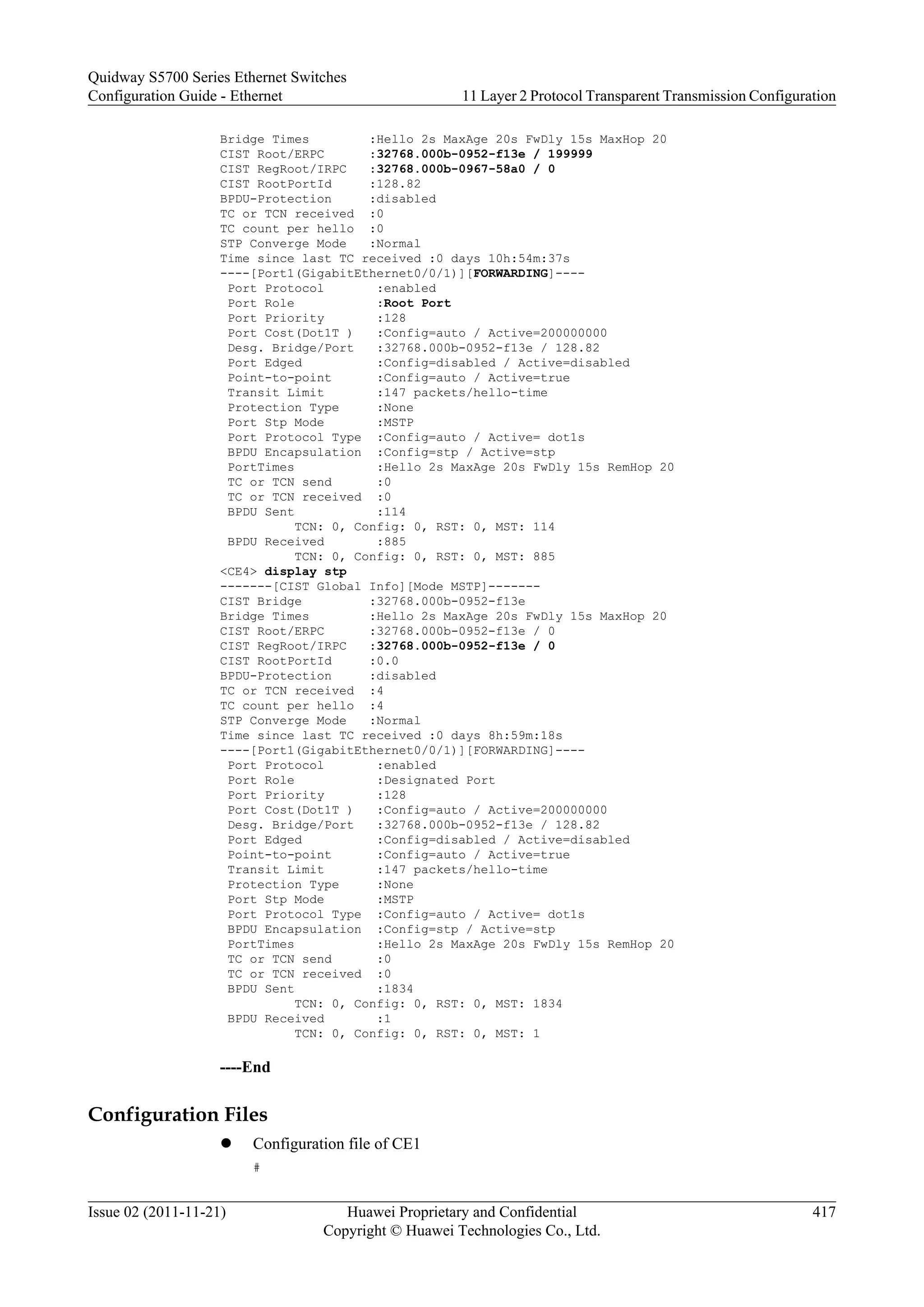 Bridge Times :Hello 2s MaxAge 20s FwDly 15s MaxHop 20
CIST Root/ERPC :32768.000b-0952-f13e / 199999
CIST RegRoot/IRPC :32768.000b-0967-58a0 / 0
CIST RootPortId :128.82
BPDU-Protection :disabled
TC or TCN received :0
TC count per hello :0
STP Converge Mode :Normal
Time since last TC received :0 days 10h:54m:37s
----[Port1(GigabitEthernet0/0/1)][FORWARDING]----
Port Protocol :enabled
Port Role :Root Port
Port Priority :128
Port Cost(Dot1T ) :Config=auto / Active=200000000
Desg. Bridge/Port :32768.000b-0952-f13e / 128.82
Port Edged :Config=disabled / Active=disabled
Point-to-point :Config=auto / Active=true
Transit Limit :147 packets/hello-time
Protection Type :None
Port Stp Mode :MSTP
Port Protocol Type :Config=auto / Active= dot1s
BPDU Encapsulation :Config=stp / Active=stp
PortTimes :Hello 2s MaxAge 20s FwDly 15s RemHop 20
TC or TCN send :0
TC or TCN received :0
BPDU Sent :114
TCN: 0, Config: 0, RST: 0, MST: 114
BPDU Received :885
TCN: 0, Config: 0, RST: 0, MST: 885
<CE4> display stp
-------[CIST Global Info][Mode MSTP]-------
CIST Bridge :32768.000b-0952-f13e
Bridge Times :Hello 2s MaxAge 20s FwDly 15s MaxHop 20
CIST Root/ERPC :32768.000b-0952-f13e / 0
CIST RegRoot/IRPC :32768.000b-0952-f13e / 0
CIST RootPortId :0.0
BPDU-Protection :disabled
TC or TCN received :4
TC count per hello :4
STP Converge Mode :Normal
Time since last TC received :0 days 8h:59m:18s
----[Port1(GigabitEthernet0/0/1)][FORWARDING]----
Port Protocol :enabled
Port Role :Designated Port
Port Priority :128
Port Cost(Dot1T ) :Config=auto / Active=200000000
Desg. Bridge/Port :32768.000b-0952-f13e / 128.82
Port Edged :Config=disabled / Active=disabled
Point-to-point :Config=auto / Active=true
Transit Limit :147 packets/hello-time
Protection Type :None
Port Stp Mode :MSTP
Port Protocol Type :Config=auto / Active= dot1s
BPDU Encapsulation :Config=stp / Active=stp
PortTimes :Hello 2s MaxAge 20s FwDly 15s RemHop 20
TC or TCN send :0
TC or TCN received :0
BPDU Sent :1834
TCN: 0, Config: 0, RST: 0, MST: 1834
BPDU Received :1
TCN: 0, Config: 0, RST: 0, MST: 1
----End
Configuration Files
l Configuration file of CE1
#
Quidway S5700 Series Ethernet Switches
Configuration Guide - Ethernet 11 Layer 2 Protocol Transparent Transmission Configuration
Issue 02 (2011-11-21) Huawei Proprietary and Confidential
Copyright © Huawei Technologies Co., Ltd.
417
 