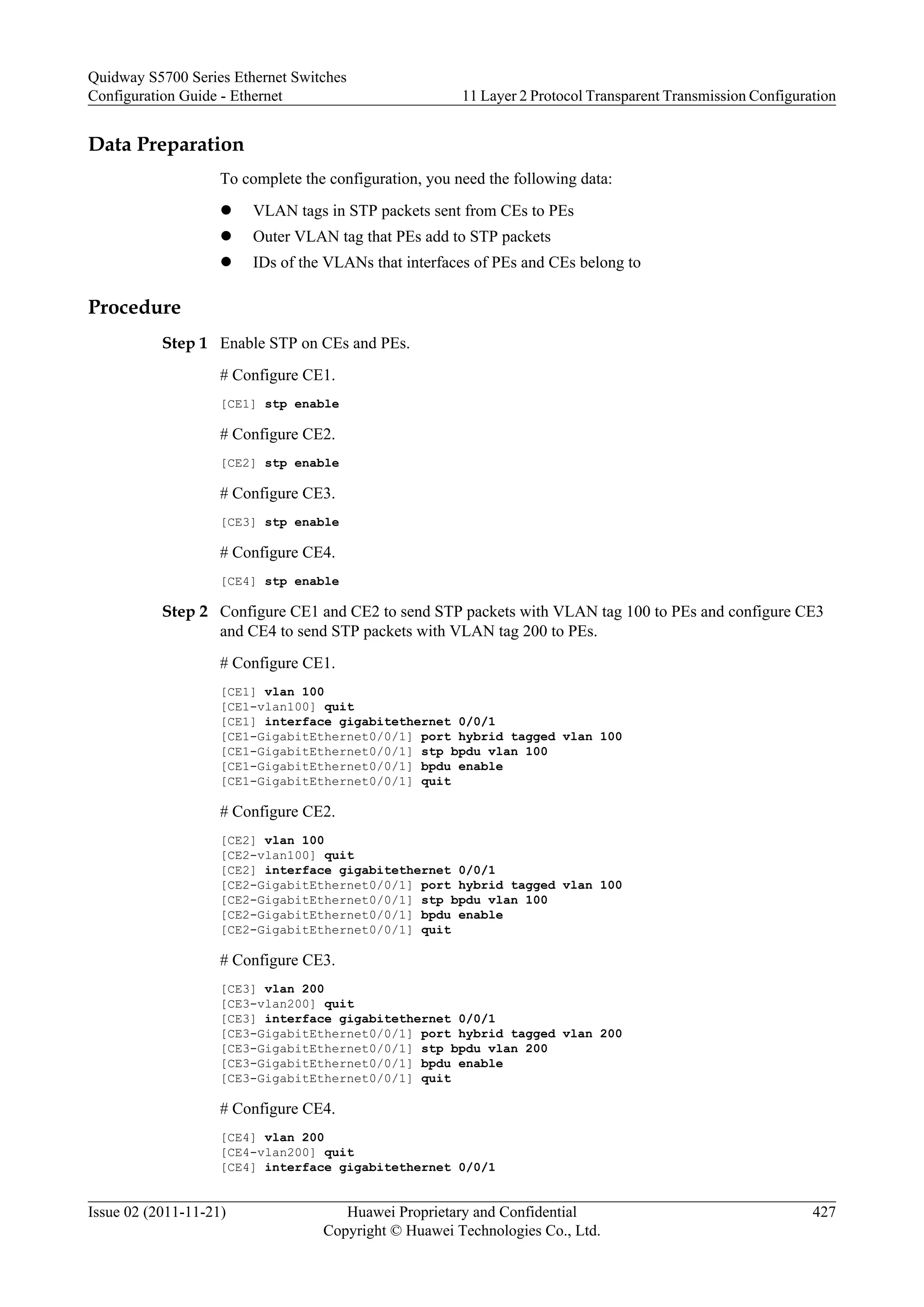 Data Preparation
To complete the configuration, you need the following data:
l VLAN tags in STP packets sent from CEs to PEs
l Outer VLAN tag that PEs add to STP packets
l IDs of the VLANs that interfaces of PEs and CEs belong to
Procedure
Step 1 Enable STP on CEs and PEs.
# Configure CE1.
[CE1] stp enable
# Configure CE2.
[CE2] stp enable
# Configure CE3.
[CE3] stp enable
# Configure CE4.
[CE4] stp enable
Step 2 Configure CE1 and CE2 to send STP packets with VLAN tag 100 to PEs and configure CE3
and CE4 to send STP packets with VLAN tag 200 to PEs.
# Configure CE1.
[CE1] vlan 100
[CE1-vlan100] quit
[CE1] interface gigabitethernet 0/0/1
[CE1-GigabitEthernet0/0/1] port hybrid tagged vlan 100
[CE1-GigabitEthernet0/0/1] stp bpdu vlan 100
[CE1-GigabitEthernet0/0/1] bpdu enable
[CE1-GigabitEthernet0/0/1] quit
# Configure CE2.
[CE2] vlan 100
[CE2-vlan100] quit
[CE2] interface gigabitethernet 0/0/1
[CE2-GigabitEthernet0/0/1] port hybrid tagged vlan 100
[CE2-GigabitEthernet0/0/1] stp bpdu vlan 100
[CE2-GigabitEthernet0/0/1] bpdu enable
[CE2-GigabitEthernet0/0/1] quit
# Configure CE3.
[CE3] vlan 200
[CE3-vlan200] quit
[CE3] interface gigabitethernet 0/0/1
[CE3-GigabitEthernet0/0/1] port hybrid tagged vlan 200
[CE3-GigabitEthernet0/0/1] stp bpdu vlan 200
[CE3-GigabitEthernet0/0/1] bpdu enable
[CE3-GigabitEthernet0/0/1] quit
# Configure CE4.
[CE4] vlan 200
[CE4-vlan200] quit
[CE4] interface gigabitethernet 0/0/1
Quidway S5700 Series Ethernet Switches
Configuration Guide - Ethernet 11 Layer 2 Protocol Transparent Transmission Configuration
Issue 02 (2011-11-21) Huawei Proprietary and Confidential
Copyright © Huawei Technologies Co., Ltd.
427
 
