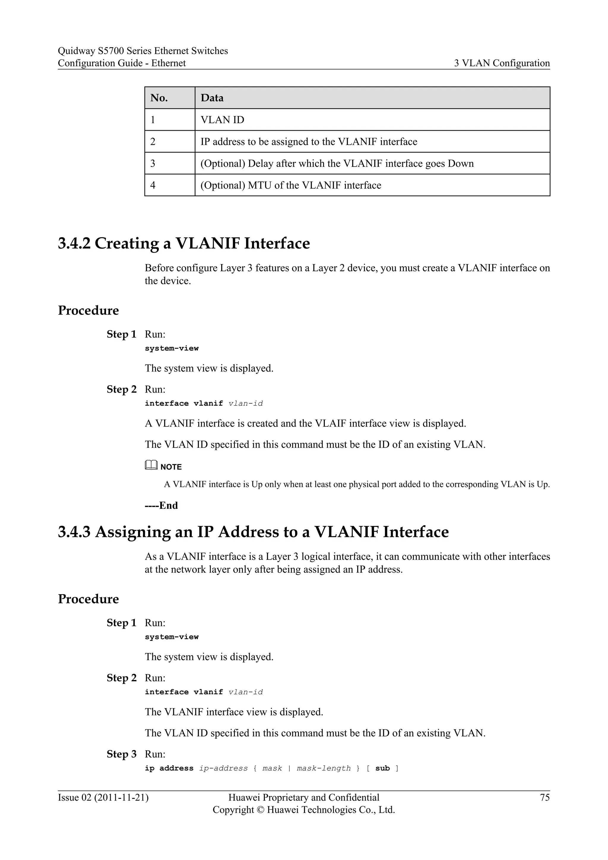No. Data
1 VLAN ID
2 IP address to be assigned to the VLANIF interface
3 (Optional) Delay after which the VLANIF interface goes Down
4 (Optional) MTU of the VLANIF interface
3.4.2 Creating a VLANIF Interface
Before configure Layer 3 features on a Layer 2 device, you must create a VLANIF interface on
the device.
Procedure
Step 1 Run:
system-view
The system view is displayed.
Step 2 Run:
interface vlanif vlan-id
A VLANIF interface is created and the VLAIF interface view is displayed.
The VLAN ID specified in this command must be the ID of an existing VLAN.
NOTE
A VLANIF interface is Up only when at least one physical port added to the corresponding VLAN is Up.
----End
3.4.3 Assigning an IP Address to a VLANIF Interface
As a VLANIF interface is a Layer 3 logical interface, it can communicate with other interfaces
at the network layer only after being assigned an IP address.
Procedure
Step 1 Run:
system-view
The system view is displayed.
Step 2 Run:
interface vlanif vlan-id
The VLANIF interface view is displayed.
The VLAN ID specified in this command must be the ID of an existing VLAN.
Step 3 Run:
ip address ip-address { mask | mask-length } [ sub ]
Quidway S5700 Series Ethernet Switches
Configuration Guide - Ethernet 3 VLAN Configuration
Issue 02 (2011-11-21) Huawei Proprietary and Confidential
Copyright © Huawei Technologies Co., Ltd.
75
 