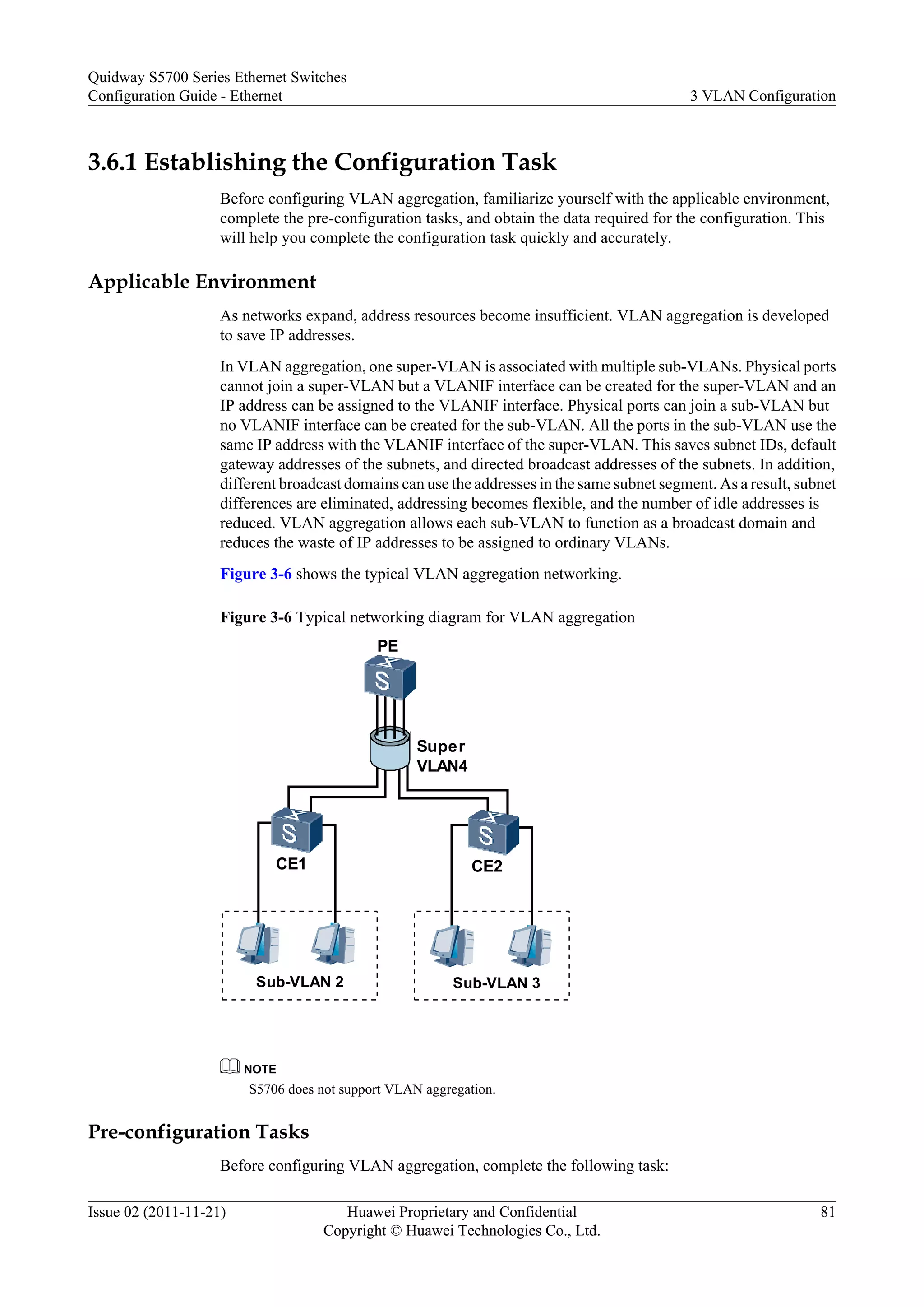 3.6.1 Establishing the Configuration Task
Before configuring VLAN aggregation, familiarize yourself with the applicable environment,
complete the pre-configuration tasks, and obtain the data required for the configuration. This
will help you complete the configuration task quickly and accurately.
Applicable Environment
As networks expand, address resources become insufficient. VLAN aggregation is developed
to save IP addresses.
In VLAN aggregation, one super-VLAN is associated with multiple sub-VLANs. Physical ports
cannot join a super-VLAN but a VLANIF interface can be created for the super-VLAN and an
IP address can be assigned to the VLANIF interface. Physical ports can join a sub-VLAN but
no VLANIF interface can be created for the sub-VLAN. All the ports in the sub-VLAN use the
same IP address with the VLANIF interface of the super-VLAN. This saves subnet IDs, default
gateway addresses of the subnets, and directed broadcast addresses of the subnets. In addition,
different broadcast domains can use the addresses in the same subnet segment. As a result, subnet
differences are eliminated, addressing becomes flexible, and the number of idle addresses is
reduced. VLAN aggregation allows each sub-VLAN to function as a broadcast domain and
reduces the waste of IP addresses to be assigned to ordinary VLANs.
Figure 3-6 shows the typical VLAN aggregation networking.
Figure 3-6 Typical networking diagram for VLAN aggregation
Super
VLAN4
PE
Sub-VLAN 2
CE1
Sub-VLAN 3
CE2
NOTE
S5706 does not support VLAN aggregation.
Pre-configuration Tasks
Before configuring VLAN aggregation, complete the following task:
Quidway S5700 Series Ethernet Switches
Configuration Guide - Ethernet 3 VLAN Configuration
Issue 02 (2011-11-21) Huawei Proprietary and Confidential
Copyright © Huawei Technologies Co., Ltd.
81
 