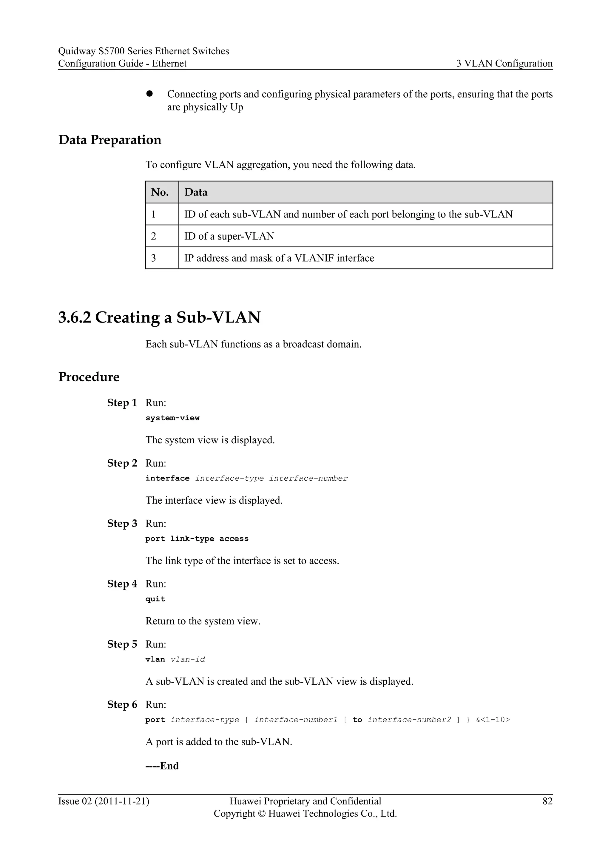 l Connecting ports and configuring physical parameters of the ports, ensuring that the ports
are physically Up
Data Preparation
To configure VLAN aggregation, you need the following data.
No. Data
1 ID of each sub-VLAN and number of each port belonging to the sub-VLAN
2 ID of a super-VLAN
3 IP address and mask of a VLANIF interface
3.6.2 Creating a Sub-VLAN
Each sub-VLAN functions as a broadcast domain.
Procedure
Step 1 Run:
system-view
The system view is displayed.
Step 2 Run:
interface interface-type interface-number
The interface view is displayed.
Step 3 Run:
port link-type access
The link type of the interface is set to access.
Step 4 Run:
quit
Return to the system view.
Step 5 Run:
vlan vlan-id
A sub-VLAN is created and the sub-VLAN view is displayed.
Step 6 Run:
port interface-type { interface-number1 [ to interface-number2 ] } &<1-10>
A port is added to the sub-VLAN.
----End
Quidway S5700 Series Ethernet Switches
Configuration Guide - Ethernet 3 VLAN Configuration
Issue 02 (2011-11-21) Huawei Proprietary and Confidential
Copyright © Huawei Technologies Co., Ltd.
82
 