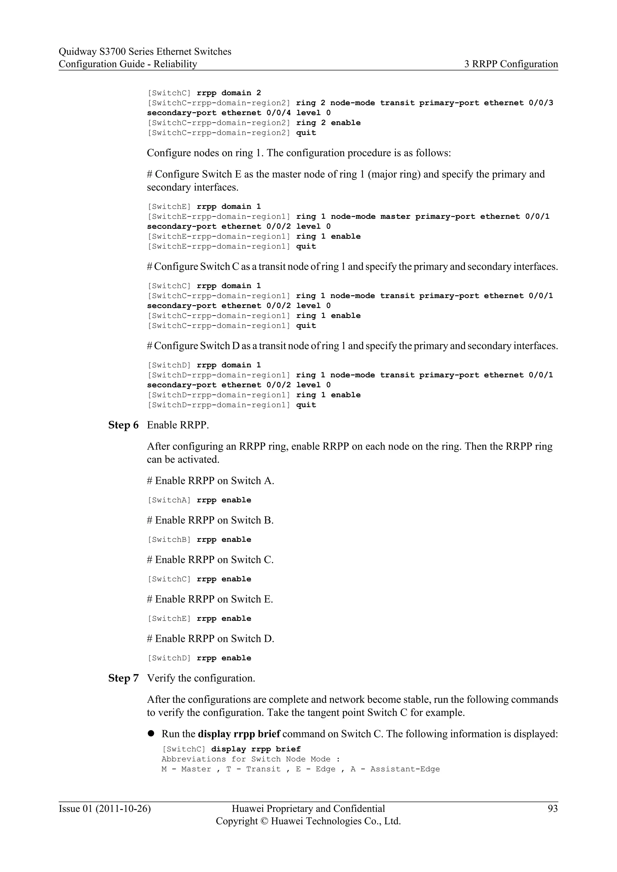 [SwitchC] rrpp domain 2
[SwitchC-rrpp-domain-region2] ring 2 node-mode transit primary-port ethernet 0/0/3
secondary-port ethernet 0/0/4 level 0
[SwitchC-rrpp-domain-region2] ring 2 enable
[SwitchC-rrpp-domain-region2] quit
Configure nodes on ring 1. The configuration procedure is as follows:
# Configure Switch E as the master node of ring 1 (major ring) and specify the primary and
secondary interfaces.
[SwitchE] rrpp domain 1
[SwitchE-rrpp-domain-region1] ring 1 node-mode master primary-port ethernet 0/0/1
secondary-port ethernet 0/0/2 level 0
[SwitchE-rrpp-domain-region1] ring 1 enable
[SwitchE-rrpp-domain-region1] quit
# Configure Switch C as a transit node of ring 1 and specify the primary and secondary interfaces.
[SwitchC] rrpp domain 1
[SwitchC-rrpp-domain-region1] ring 1 node-mode transit primary-port ethernet 0/0/1
secondary-port ethernet 0/0/2 level 0
[SwitchC-rrpp-domain-region1] ring 1 enable
[SwitchC-rrpp-domain-region1] quit
# Configure Switch D as a transit node of ring 1 and specify the primary and secondary interfaces.
[SwitchD] rrpp domain 1
[SwitchD-rrpp-domain-region1] ring 1 node-mode transit primary-port ethernet 0/0/1
secondary-port ethernet 0/0/2 level 0
[SwitchD-rrpp-domain-region1] ring 1 enable
[SwitchD-rrpp-domain-region1] quit
Step 6 Enable RRPP.
After configuring an RRPP ring, enable RRPP on each node on the ring. Then the RRPP ring
can be activated.
# Enable RRPP on Switch A.
[SwitchA] rrpp enable
# Enable RRPP on Switch B.
[SwitchB] rrpp enable
# Enable RRPP on Switch C.
[SwitchC] rrpp enable
# Enable RRPP on Switch E.
[SwitchE] rrpp enable
# Enable RRPP on Switch D.
[SwitchD] rrpp enable
Step 7 Verify the configuration.
After the configurations are complete and network become stable, run the following commands
to verify the configuration. Take the tangent point Switch C for example.
l Run the display rrpp brief command on Switch C. The following information is displayed:
[SwitchC] display rrpp brief
Abbreviations for Switch Node Mode :
M - Master , T - Transit , E - Edge , A - Assistant-Edge
Quidway S3700 Series Ethernet Switches
Configuration Guide - Reliability 3 RRPP Configuration
Issue 01 (2011-10-26) Huawei Proprietary and Confidential
Copyright © Huawei Technologies Co., Ltd.
93
 