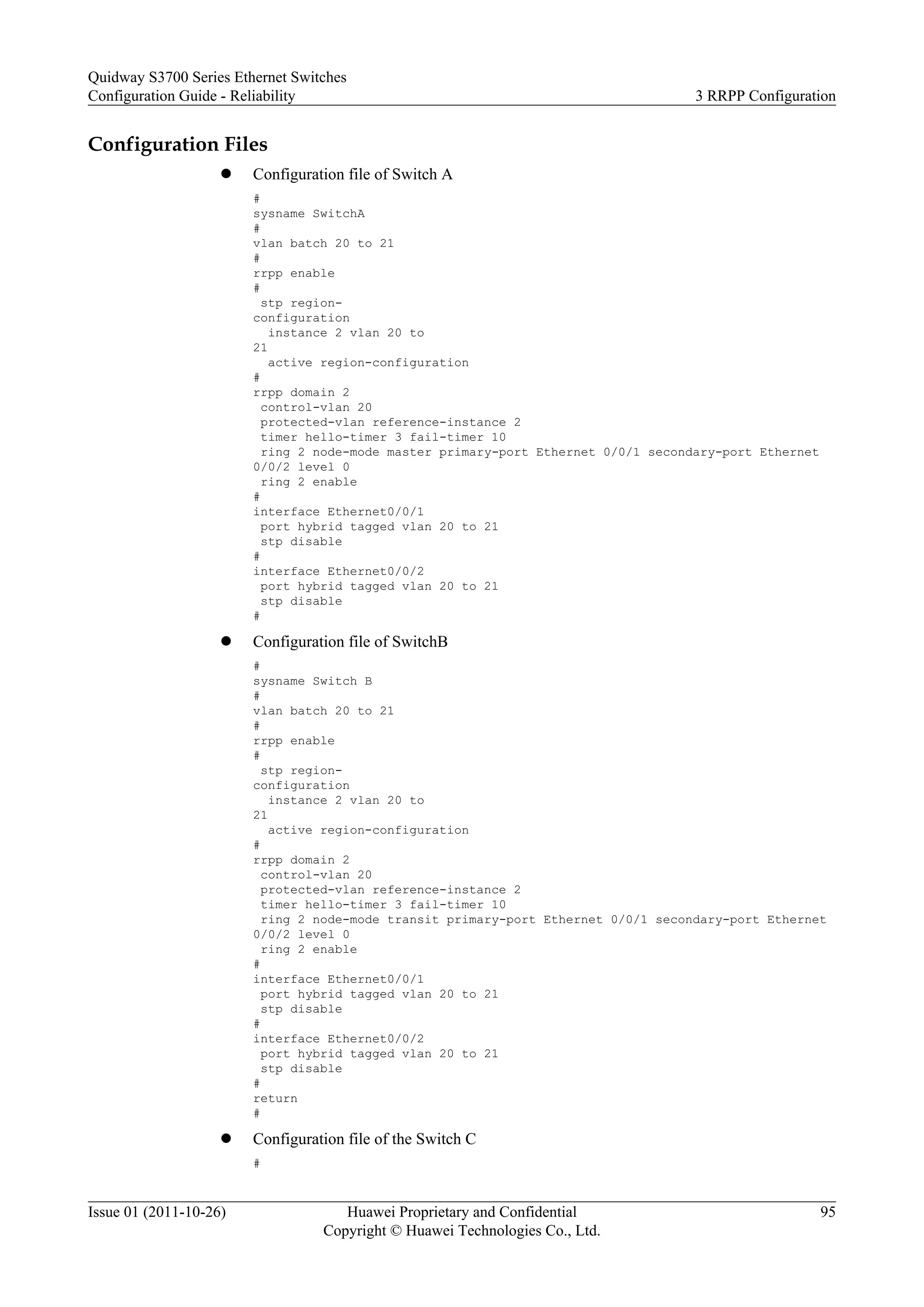 Configuration Files
l Configuration file of Switch A
#
sysname SwitchA
#
vlan batch 20 to 21
#
rrpp enable
#
stp region-
configuration
instance 2 vlan 20 to
21
active region-configuration
#
rrpp domain 2
control-vlan 20
protected-vlan reference-instance 2
timer hello-timer 3 fail-timer 10
ring 2 node-mode master primary-port Ethernet 0/0/1 secondary-port Ethernet
0/0/2 level 0
ring 2 enable
#
interface Ethernet0/0/1
port hybrid tagged vlan 20 to 21
stp disable
#
interface Ethernet0/0/2
port hybrid tagged vlan 20 to 21
stp disable
#
l Configuration file of SwitchB
#
sysname Switch B
#
vlan batch 20 to 21
#
rrpp enable
#
stp region-
configuration
instance 2 vlan 20 to
21
active region-configuration
#
rrpp domain 2
control-vlan 20
protected-vlan reference-instance 2
timer hello-timer 3 fail-timer 10
ring 2 node-mode transit primary-port Ethernet 0/0/1 secondary-port Ethernet
0/0/2 level 0
ring 2 enable
#
interface Ethernet0/0/1
port hybrid tagged vlan 20 to 21
stp disable
#
interface Ethernet0/0/2
port hybrid tagged vlan 20 to 21
stp disable
#
return
#
l Configuration file of the Switch C
#
Quidway S3700 Series Ethernet Switches
Configuration Guide - Reliability 3 RRPP Configuration
Issue 01 (2011-10-26) Huawei Proprietary and Confidential
Copyright © Huawei Technologies Co., Ltd.
95
 