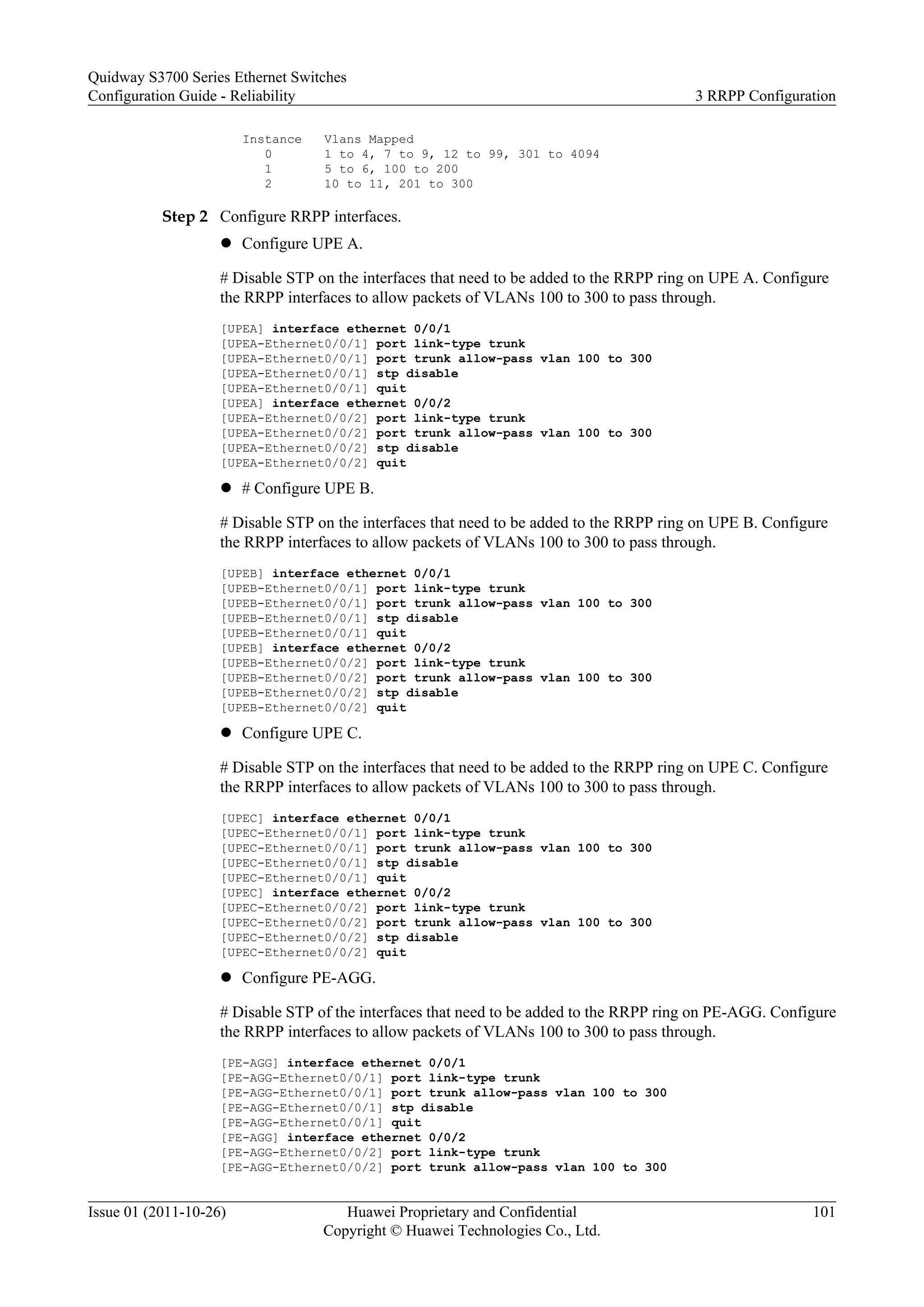 Instance Vlans Mapped
0 1 to 4, 7 to 9, 12 to 99, 301 to 4094
1 5 to 6, 100 to 200
2 10 to 11, 201 to 300
Step 2 Configure RRPP interfaces.
l Configure UPE A.
# Disable STP on the interfaces that need to be added to the RRPP ring on UPE A. Configure
the RRPP interfaces to allow packets of VLANs 100 to 300 to pass through.
[UPEA] interface ethernet 0/0/1
[UPEA-Ethernet0/0/1] port link-type trunk
[UPEA-Ethernet0/0/1] port trunk allow-pass vlan 100 to 300
[UPEA-Ethernet0/0/1] stp disable
[UPEA-Ethernet0/0/1] quit
[UPEA] interface ethernet 0/0/2
[UPEA-Ethernet0/0/2] port link-type trunk
[UPEA-Ethernet0/0/2] port trunk allow-pass vlan 100 to 300
[UPEA-Ethernet0/0/2] stp disable
[UPEA-Ethernet0/0/2] quit
l # Configure UPE B.
# Disable STP on the interfaces that need to be added to the RRPP ring on UPE B. Configure
the RRPP interfaces to allow packets of VLANs 100 to 300 to pass through.
[UPEB] interface ethernet 0/0/1
[UPEB-Ethernet0/0/1] port link-type trunk
[UPEB-Ethernet0/0/1] port trunk allow-pass vlan 100 to 300
[UPEB-Ethernet0/0/1] stp disable
[UPEB-Ethernet0/0/1] quit
[UPEB] interface ethernet 0/0/2
[UPEB-Ethernet0/0/2] port link-type trunk
[UPEB-Ethernet0/0/2] port trunk allow-pass vlan 100 to 300
[UPEB-Ethernet0/0/2] stp disable
[UPEB-Ethernet0/0/2] quit
l Configure UPE C.
# Disable STP on the interfaces that need to be added to the RRPP ring on UPE C. Configure
the RRPP interfaces to allow packets of VLANs 100 to 300 to pass through.
[UPEC] interface ethernet 0/0/1
[UPEC-Ethernet0/0/1] port link-type trunk
[UPEC-Ethernet0/0/1] port trunk allow-pass vlan 100 to 300
[UPEC-Ethernet0/0/1] stp disable
[UPEC-Ethernet0/0/1] quit
[UPEC] interface ethernet 0/0/2
[UPEC-Ethernet0/0/2] port link-type trunk
[UPEC-Ethernet0/0/2] port trunk allow-pass vlan 100 to 300
[UPEC-Ethernet0/0/2] stp disable
[UPEC-Ethernet0/0/2] quit
l Configure PE-AGG.
# Disable STP of the interfaces that need to be added to the RRPP ring on PE-AGG. Configure
the RRPP interfaces to allow packets of VLANs 100 to 300 to pass through.
[PE-AGG] interface ethernet 0/0/1
[PE-AGG-Ethernet0/0/1] port link-type trunk
[PE-AGG-Ethernet0/0/1] port trunk allow-pass vlan 100 to 300
[PE-AGG-Ethernet0/0/1] stp disable
[PE-AGG-Ethernet0/0/1] quit
[PE-AGG] interface ethernet 0/0/2
[PE-AGG-Ethernet0/0/2] port link-type trunk
[PE-AGG-Ethernet0/0/2] port trunk allow-pass vlan 100 to 300
Quidway S3700 Series Ethernet Switches
Configuration Guide - Reliability 3 RRPP Configuration
Issue 01 (2011-10-26) Huawei Proprietary and Confidential
Copyright © Huawei Technologies Co., Ltd.
101
 
