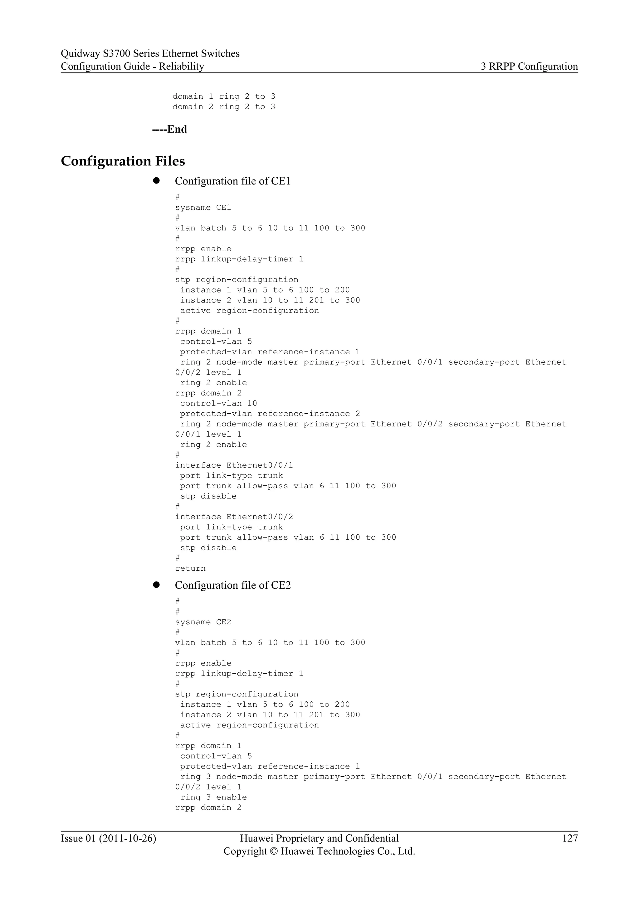 domain 1 ring 2 to 3
domain 2 ring 2 to 3
----End
Configuration Files
l Configuration file of CE1
#
sysname CE1
#
vlan batch 5 to 6 10 to 11 100 to 300
#
rrpp enable
rrpp linkup-delay-timer 1
#
stp region-configuration
instance 1 vlan 5 to 6 100 to 200
instance 2 vlan 10 to 11 201 to 300
active region-configuration
#
rrpp domain 1
control-vlan 5
protected-vlan reference-instance 1
ring 2 node-mode master primary-port Ethernet 0/0/1 secondary-port Ethernet
0/0/2 level 1
ring 2 enable
rrpp domain 2
control-vlan 10
protected-vlan reference-instance 2
ring 2 node-mode master primary-port Ethernet 0/0/2 secondary-port Ethernet
0/0/1 level 1
ring 2 enable
#
interface Ethernet0/0/1
port link-type trunk
port trunk allow-pass vlan 6 11 100 to 300
stp disable
#
interface Ethernet0/0/2
port link-type trunk
port trunk allow-pass vlan 6 11 100 to 300
stp disable
#
return
l Configuration file of CE2
#
#
sysname CE2
#
vlan batch 5 to 6 10 to 11 100 to 300
#
rrpp enable
rrpp linkup-delay-timer 1
#
stp region-configuration
instance 1 vlan 5 to 6 100 to 200
instance 2 vlan 10 to 11 201 to 300
active region-configuration
#
rrpp domain 1
control-vlan 5
protected-vlan reference-instance 1
ring 3 node-mode master primary-port Ethernet 0/0/1 secondary-port Ethernet
0/0/2 level 1
ring 3 enable
rrpp domain 2
Quidway S3700 Series Ethernet Switches
Configuration Guide - Reliability 3 RRPP Configuration
Issue 01 (2011-10-26) Huawei Proprietary and Confidential
Copyright © Huawei Technologies Co., Ltd.
127
 
