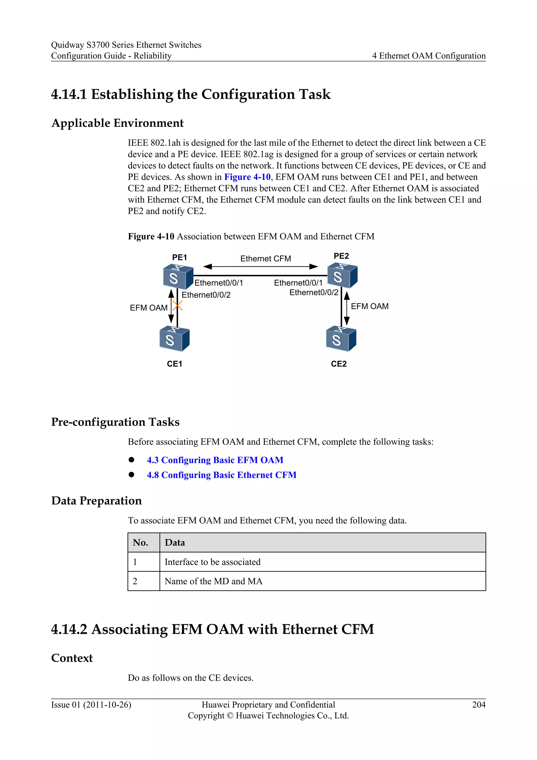 4.14.1 Establishing the Configuration Task
Applicable Environment
IEEE 802.1ah is designed for the last mile of the Ethernet to detect the direct link between a CE
device and a PE device. IEEE 802.1ag is designed for a group of services or certain network
devices to detect faults on the network. It functions between CE devices, PE devices, or CE and
PE devices. As shown in Figure 4-10, EFM OAM runs between CE1 and PE1, and between
CE2 and PE2; Ethernet CFM runs between CE1 and CE2. After Ethernet OAM is associated
with Ethernet CFM, the Ethernet CFM module can detect faults on the link between CE1 and
PE2 and notify CE2.
Figure 4-10 Association between EFM OAM and Ethernet CFM
Ethernet CFM
Ethernet0/0/1
CE1
PE1 PE2
CE2
EFM OAM
EFM OAM
Ethernet0/0/1
Ethernet0/0/2 Ethernet0/0/2
Pre-configuration Tasks
Before associating EFM OAM and Ethernet CFM, complete the following tasks:
l 4.3 Configuring Basic EFM OAM
l 4.8 Configuring Basic Ethernet CFM
Data Preparation
To associate EFM OAM and Ethernet CFM, you need the following data.
No. Data
1 Interface to be associated
2 Name of the MD and MA
4.14.2 Associating EFM OAM with Ethernet CFM
Context
Do as follows on the CE devices.
Quidway S3700 Series Ethernet Switches
Configuration Guide - Reliability 4 Ethernet OAM Configuration
Issue 01 (2011-10-26) Huawei Proprietary and Confidential
Copyright © Huawei Technologies Co., Ltd.
204
 