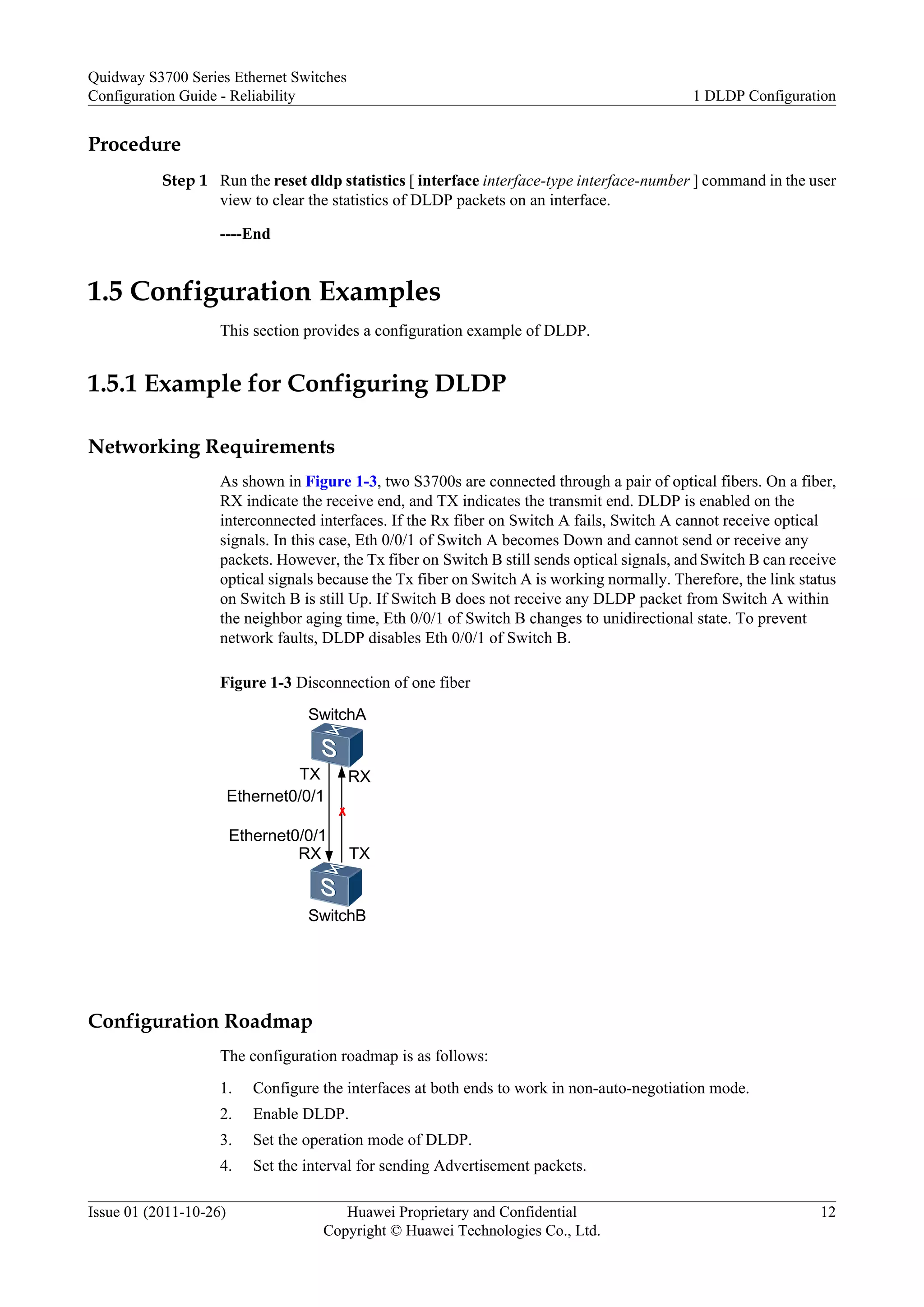Procedure
Step 1 Run the reset dldp statistics [ interface interface-type interface-number ] command in the user
view to clear the statistics of DLDP packets on an interface.
----End
1.5 Configuration Examples
This section provides a configuration example of DLDP.
1.5.1 Example for Configuring DLDP
Networking Requirements
As shown in Figure 1-3, two S3700s are connected through a pair of optical fibers. On a fiber,
RX indicate the receive end, and TX indicates the transmit end. DLDP is enabled on the
interconnected interfaces. If the Rx fiber on Switch A fails, Switch A cannot receive optical
signals. In this case, Eth 0/0/1 of Switch A becomes Down and cannot send or receive any
packets. However, the Tx fiber on Switch B still sends optical signals, and Switch B can receive
optical signals because the Tx fiber on Switch A is working normally. Therefore, the link status
on Switch B is still Up. If Switch B does not receive any DLDP packet from Switch A within
the neighbor aging time, Eth 0/0/1 of Switch B changes to unidirectional state. To prevent
network faults, DLDP disables Eth 0/0/1 of Switch B.
Figure 1-3 Disconnection of one fiber
SwitchB
Ethernet0/0/1
Ethernet0/0/1
SwitchA
RX
TX RX
TX
Configuration Roadmap
The configuration roadmap is as follows:
1. Configure the interfaces at both ends to work in non-auto-negotiation mode.
2. Enable DLDP.
3. Set the operation mode of DLDP.
4. Set the interval for sending Advertisement packets.
Quidway S3700 Series Ethernet Switches
Configuration Guide - Reliability 1 DLDP Configuration
Issue 01 (2011-10-26) Huawei Proprietary and Confidential
Copyright © Huawei Technologies Co., Ltd.
12
 