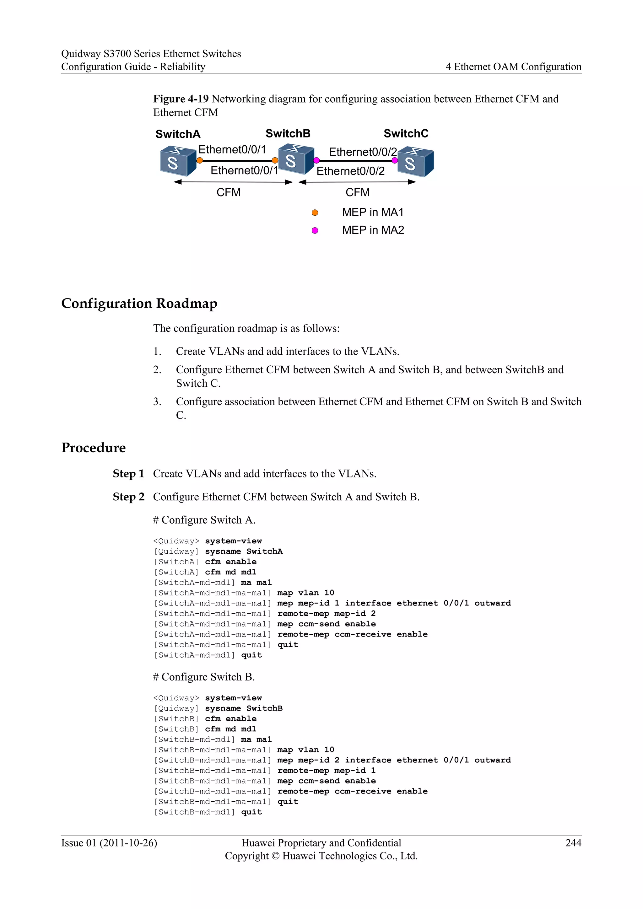Figure 4-19 Networking diagram for configuring association between Ethernet CFM and
Ethernet CFM
SwitchA SwitchB SwitchC
Ethernet0/0/1
CFM CFM
MEP in MA1
MEP in MA2
Ethernet0/0/1 Ethernet0/0/2
Ethernet0/0/2
Configuration Roadmap
The configuration roadmap is as follows:
1. Create VLANs and add interfaces to the VLANs.
2. Configure Ethernet CFM between Switch A and Switch B, and between SwitchB and
Switch C.
3. Configure association between Ethernet CFM and Ethernet CFM on Switch B and Switch
C.
Procedure
Step 1 Create VLANs and add interfaces to the VLANs.
Step 2 Configure Ethernet CFM between Switch A and Switch B.
# Configure Switch A.
<Quidway> system-view
[Quidway] sysname SwitchA
[SwitchA] cfm enable
[SwitchA] cfm md md1
[SwitchA-md-md1] ma ma1
[SwitchA-md-md1-ma-ma1] map vlan 10
[SwitchA-md-md1-ma-ma1] mep mep-id 1 interface ethernet 0/0/1 outward
[SwitchA-md-md1-ma-ma1] remote-mep mep-id 2
[SwitchA-md-md1-ma-ma1] mep ccm-send enable
[SwitchA-md-md1-ma-ma1] remote-mep ccm-receive enable
[SwitchA-md-md1-ma-ma1] quit
[SwitchA-md-md1] quit
# Configure Switch B.
<Quidway> system-view
[Quidway] sysname SwitchB
[SwitchB] cfm enable
[SwitchB] cfm md md1
[SwitchB-md-md1] ma ma1
[SwitchB-md-md1-ma-ma1] map vlan 10
[SwitchB-md-md1-ma-ma1] mep mep-id 2 interface ethernet 0/0/1 outward
[SwitchB-md-md1-ma-ma1] remote-mep mep-id 1
[SwitchB-md-md1-ma-ma1] mep ccm-send enable
[SwitchB-md-md1-ma-ma1] remote-mep ccm-receive enable
[SwitchB-md-md1-ma-ma1] quit
[SwitchB-md-md1] quit
Quidway S3700 Series Ethernet Switches
Configuration Guide - Reliability 4 Ethernet OAM Configuration
Issue 01 (2011-10-26) Huawei Proprietary and Confidential
Copyright © Huawei Technologies Co., Ltd.
244
 