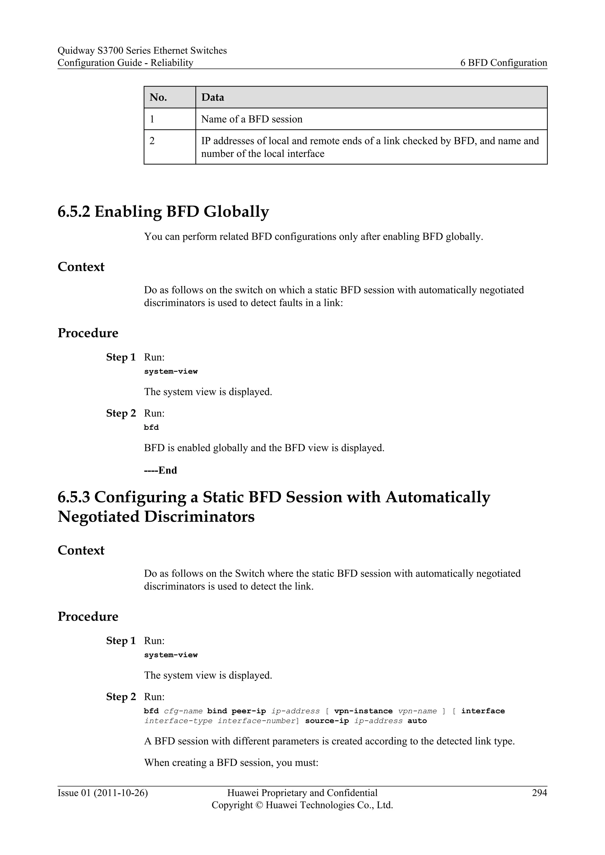 No. Data
1 Name of a BFD session
2 IP addresses of local and remote ends of a link checked by BFD, and name and
number of the local interface
6.5.2 Enabling BFD Globally
You can perform related BFD configurations only after enabling BFD globally.
Context
Do as follows on the switch on which a static BFD session with automatically negotiated
discriminators is used to detect faults in a link:
Procedure
Step 1 Run:
system-view
The system view is displayed.
Step 2 Run:
bfd
BFD is enabled globally and the BFD view is displayed.
----End
6.5.3 Configuring a Static BFD Session with Automatically
Negotiated Discriminators
Context
Do as follows on the Switch where the static BFD session with automatically negotiated
discriminators is used to detect the link.
Procedure
Step 1 Run:
system-view
The system view is displayed.
Step 2 Run:
bfd cfg-name bind peer-ip ip-address [ vpn-instance vpn-name ] [ interface
interface-type interface-number] source-ip ip-address auto
A BFD session with different parameters is created according to the detected link type.
When creating a BFD session, you must:
Quidway S3700 Series Ethernet Switches
Configuration Guide - Reliability 6 BFD Configuration
Issue 01 (2011-10-26) Huawei Proprietary and Confidential
Copyright © Huawei Technologies Co., Ltd.
294
 