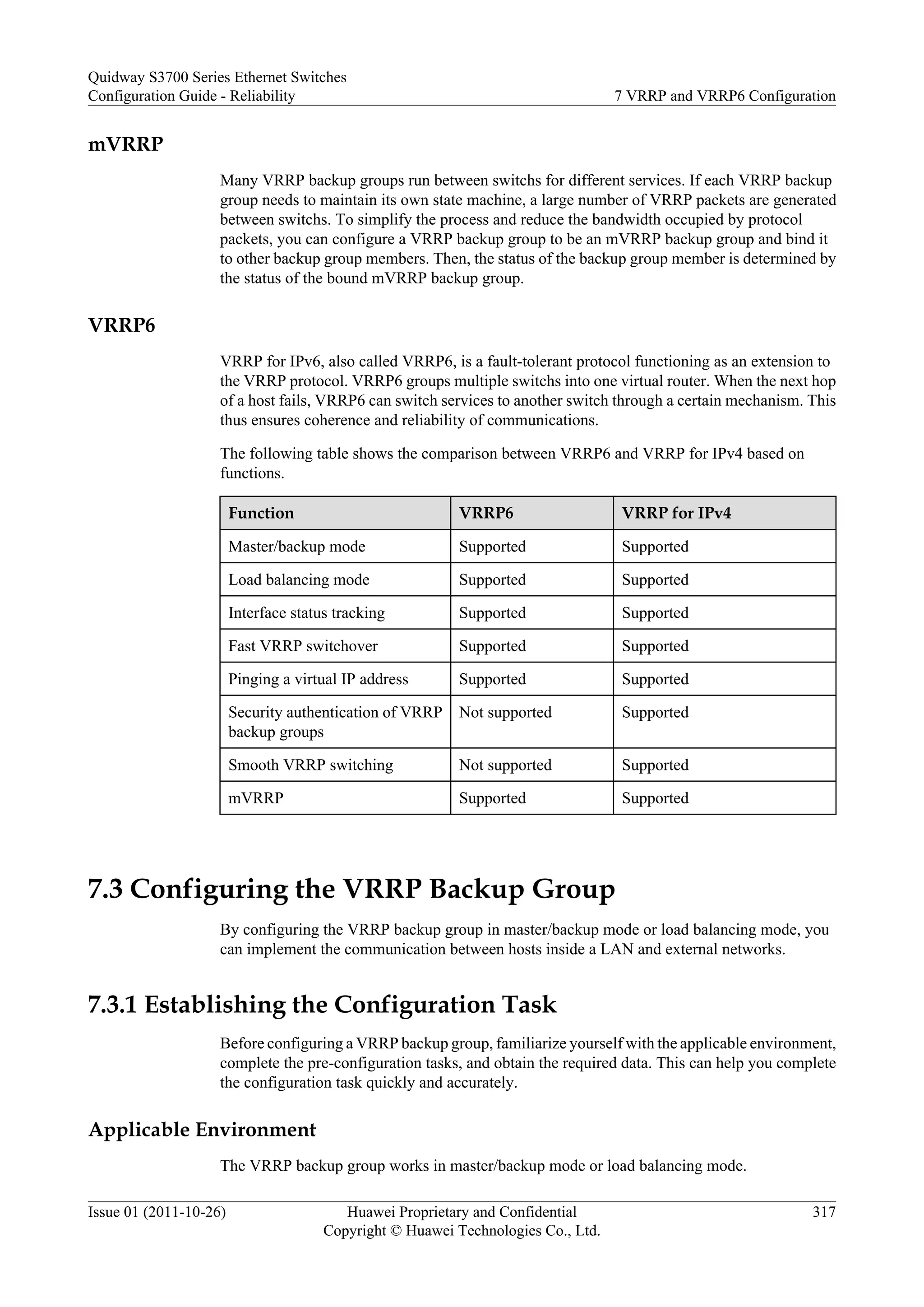 mVRRP
Many VRRP backup groups run between switchs for different services. If each VRRP backup
group needs to maintain its own state machine, a large number of VRRP packets are generated
between switchs. To simplify the process and reduce the bandwidth occupied by protocol
packets, you can configure a VRRP backup group to be an mVRRP backup group and bind it
to other backup group members. Then, the status of the backup group member is determined by
the status of the bound mVRRP backup group.
VRRP6
VRRP for IPv6, also called VRRP6, is a fault-tolerant protocol functioning as an extension to
the VRRP protocol. VRRP6 groups multiple switchs into one virtual router. When the next hop
of a host fails, VRRP6 can switch services to another switch through a certain mechanism. This
thus ensures coherence and reliability of communications.
The following table shows the comparison between VRRP6 and VRRP for IPv4 based on
functions.
Function VRRP6 VRRP for IPv4
Master/backup mode Supported Supported
Load balancing mode Supported Supported
Interface status tracking Supported Supported
Fast VRRP switchover Supported Supported
Pinging a virtual IP address Supported Supported
Security authentication of VRRP
backup groups
Not supported Supported
Smooth VRRP switching Not supported Supported
mVRRP Supported Supported
7.3 Configuring the VRRP Backup Group
By configuring the VRRP backup group in master/backup mode or load balancing mode, you
can implement the communication between hosts inside a LAN and external networks.
7.3.1 Establishing the Configuration Task
Before configuring a VRRP backup group, familiarize yourself with the applicable environment,
complete the pre-configuration tasks, and obtain the required data. This can help you complete
the configuration task quickly and accurately.
Applicable Environment
The VRRP backup group works in master/backup mode or load balancing mode.
Quidway S3700 Series Ethernet Switches
Configuration Guide - Reliability 7 VRRP and VRRP6 Configuration
Issue 01 (2011-10-26) Huawei Proprietary and Confidential
Copyright © Huawei Technologies Co., Ltd.
317
 