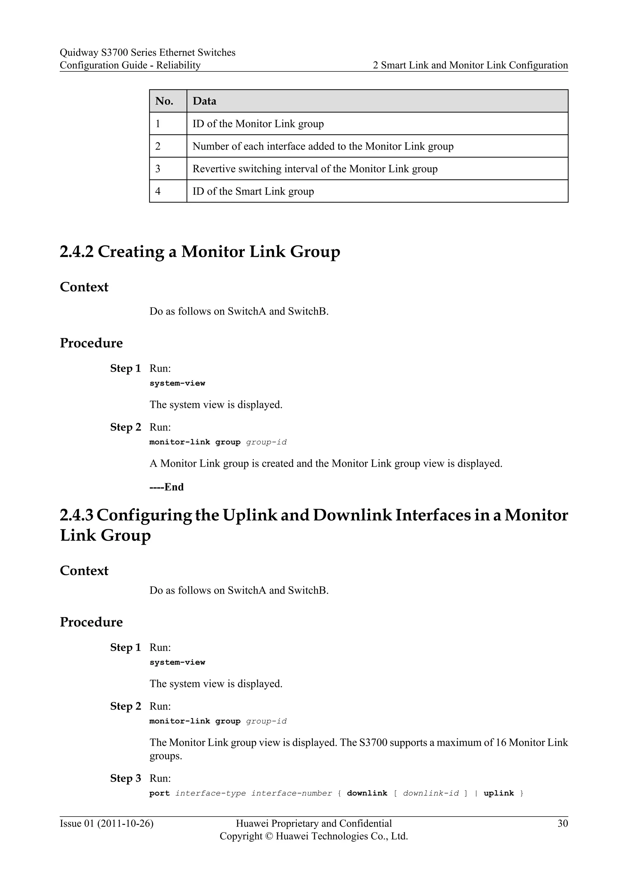 No. Data
1 ID of the Monitor Link group
2 Number of each interface added to the Monitor Link group
3 Revertive switching interval of the Monitor Link group
4 ID of the Smart Link group
2.4.2 Creating a Monitor Link Group
Context
Do as follows on SwitchA and SwitchB.
Procedure
Step 1 Run:
system-view
The system view is displayed.
Step 2 Run:
monitor-link group group-id
A Monitor Link group is created and the Monitor Link group view is displayed.
----End
2.4.3 Configuring the Uplink and Downlink Interfaces in a Monitor
Link Group
Context
Do as follows on SwitchA and SwitchB.
Procedure
Step 1 Run:
system-view
The system view is displayed.
Step 2 Run:
monitor-link group group-id
The Monitor Link group view is displayed. The S3700 supports a maximum of 16 Monitor Link
groups.
Step 3 Run:
port interface-type interface-number { downlink [ downlink-id ] | uplink }
Quidway S3700 Series Ethernet Switches
Configuration Guide - Reliability 2 Smart Link and Monitor Link Configuration
Issue 01 (2011-10-26) Huawei Proprietary and Confidential
Copyright © Huawei Technologies Co., Ltd.
30
 