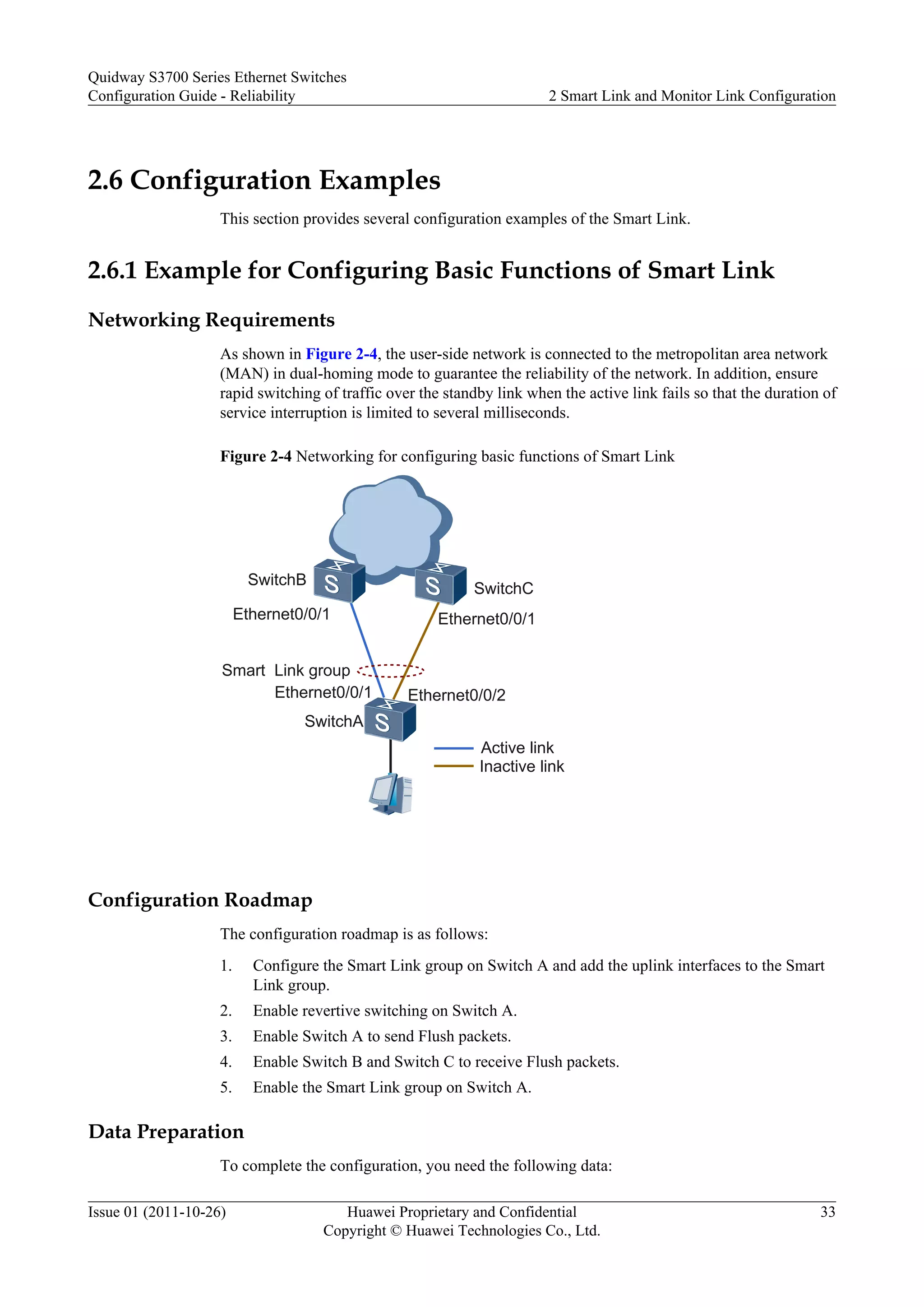 2.6 Configuration Examples
This section provides several configuration examples of the Smart Link.
2.6.1 Example for Configuring Basic Functions of Smart Link
Networking Requirements
As shown in Figure 2-4, the user-side network is connected to the metropolitan area network
(MAN) in dual-homing mode to guarantee the reliability of the network. In addition, ensure
rapid switching of traffic over the standby link when the active link fails so that the duration of
service interruption is limited to several milliseconds.
Figure 2-4 Networking for configuring basic functions of Smart Link
SwitchC
SwitchB
Ethernet0/0/1 Ethernet0/0/2
SwitchA
Ethernet0/0/1 Ethernet0/0/1
Smart Link group
Active link
Inactive link
Configuration Roadmap
The configuration roadmap is as follows:
1. Configure the Smart Link group on Switch A and add the uplink interfaces to the Smart
Link group.
2. Enable revertive switching on Switch A.
3. Enable Switch A to send Flush packets.
4. Enable Switch B and Switch C to receive Flush packets.
5. Enable the Smart Link group on Switch A.
Data Preparation
To complete the configuration, you need the following data:
Quidway S3700 Series Ethernet Switches
Configuration Guide - Reliability 2 Smart Link and Monitor Link Configuration
Issue 01 (2011-10-26) Huawei Proprietary and Confidential
Copyright © Huawei Technologies Co., Ltd.
33
 
