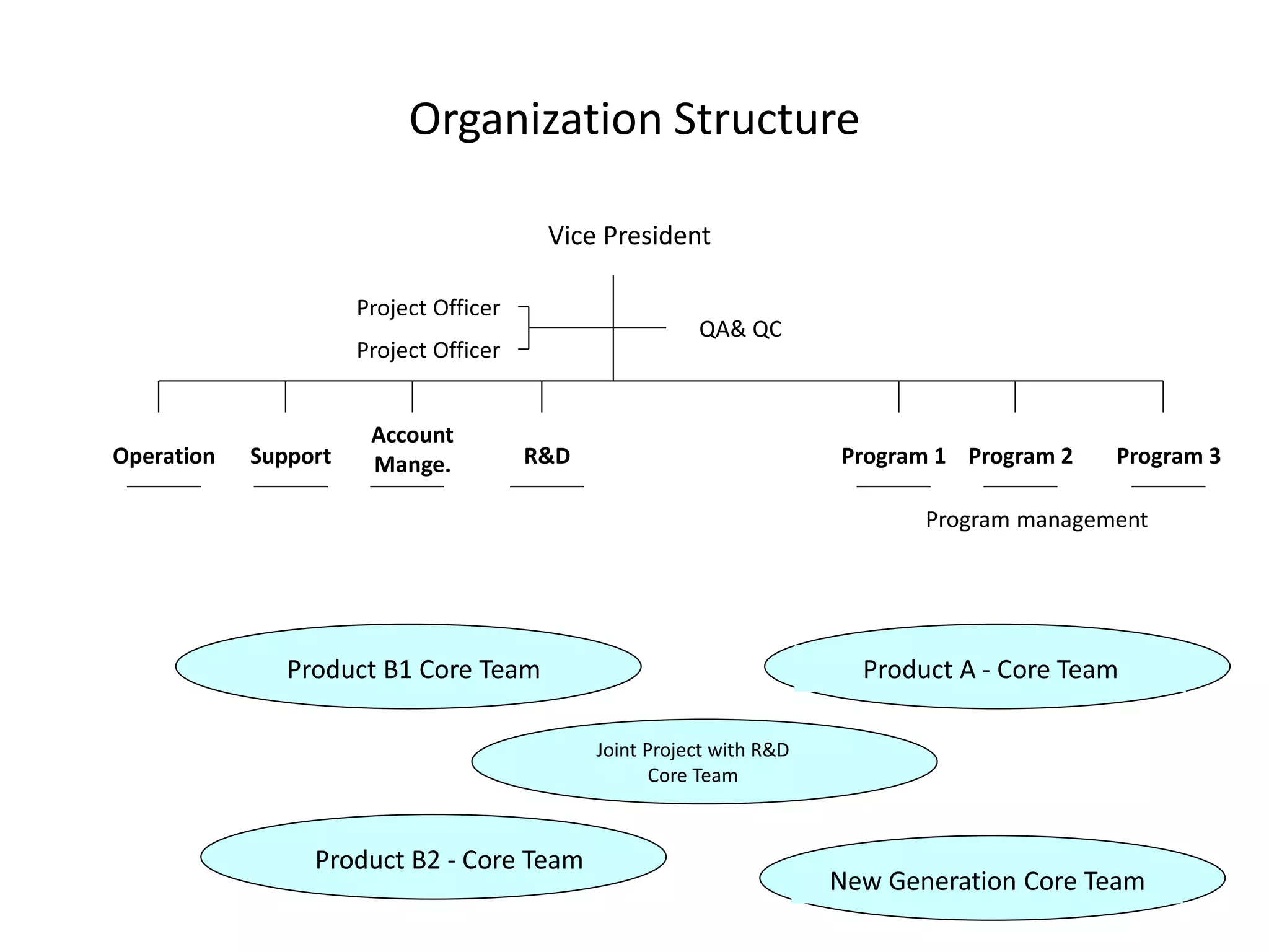 Organization Structure

                                         Vice President

                      Project Officer
                                                         QA& QC
                      Project Officer


                       Account
Operation   Support    Mange.           R&D                            Program 1 Program 2   Program 3

                                                                              Program management




               Product B1 Core Team                                      Product A - Core Team

                                              Joint Project with R&D
                                                     Core Team



                 Product B2 - Core Team
                                                                       New Generation Core Team
 