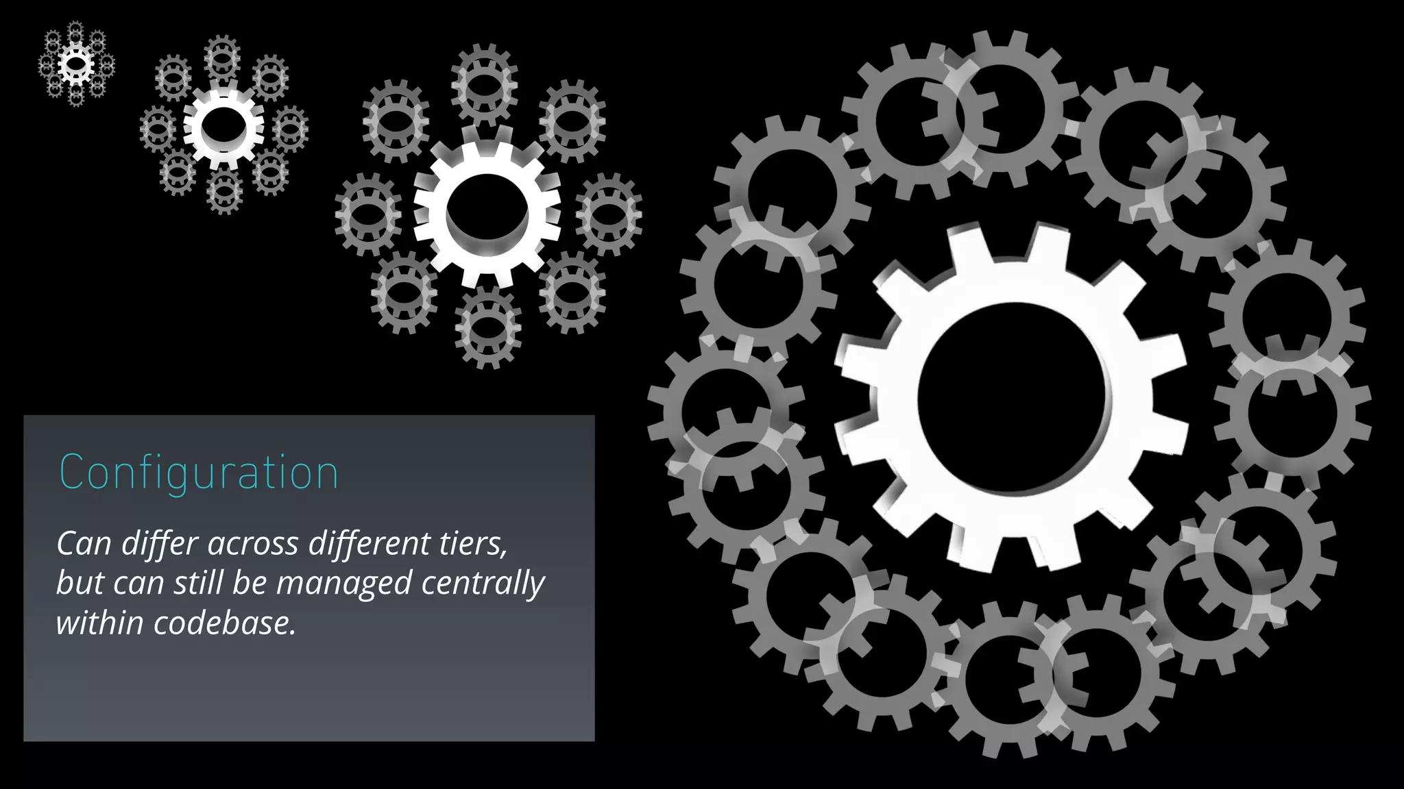 Conﬁguration
Can diﬀer across diﬀerent tiers,
but can still be managed centrally
within codebase.
 