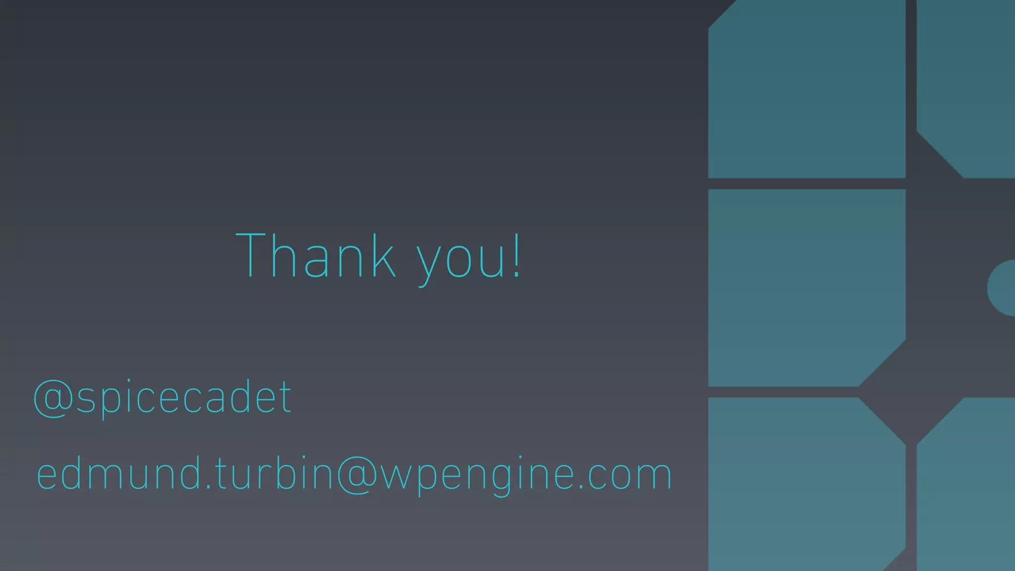 Thank you!
@spicecadet
edmund.turbin@wpengine.com
 
