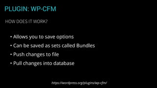 PLUGIN: WP-CFM
• Allows you to save options
• Can be saved as sets called Bundles
• Push changes to ﬁle
• Pull changes int...