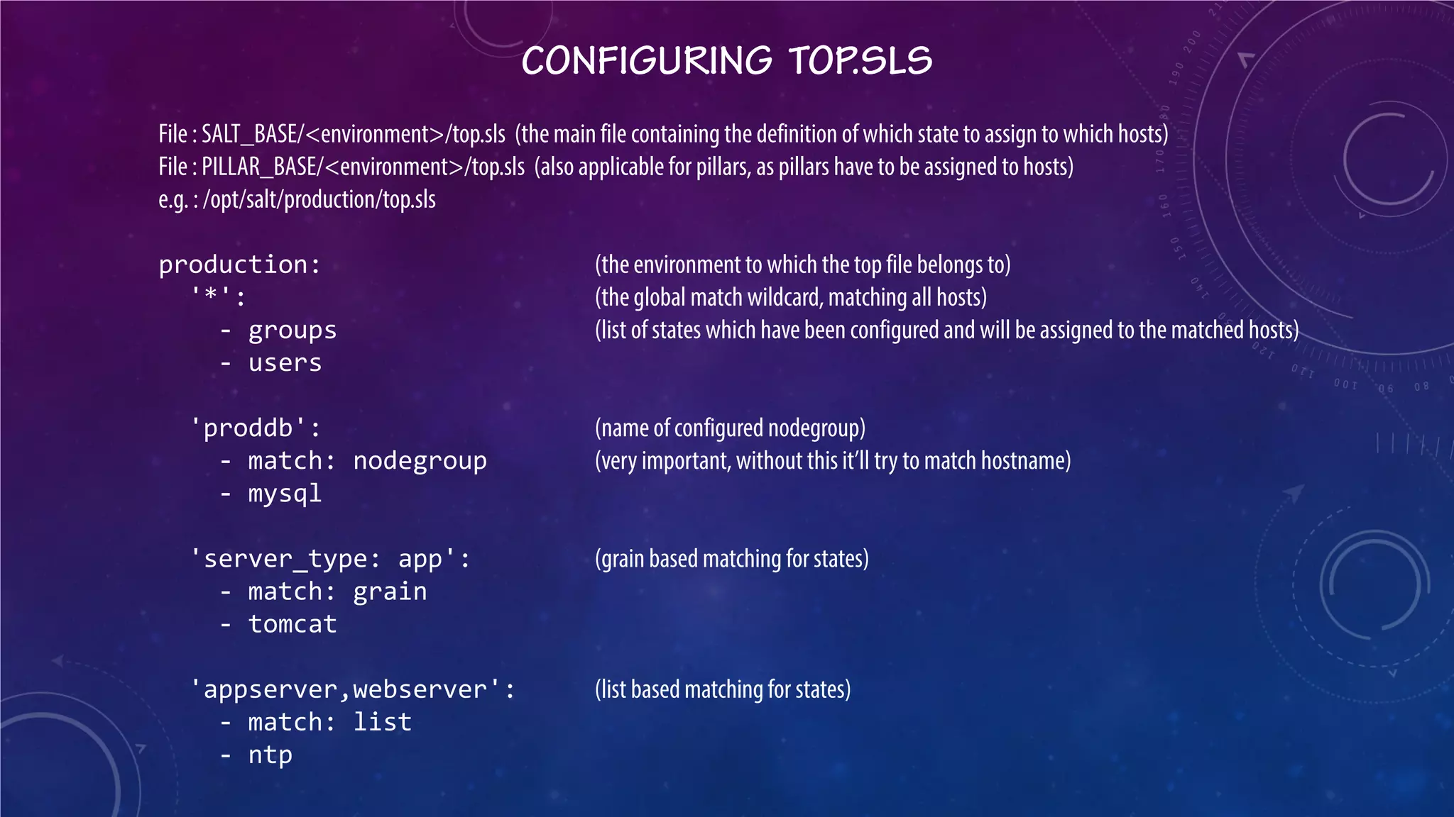 CONFIGURING TOP.SLS 
File : SALT_BASE/<environment>/top.sls (the main file containing the definition of which state to assign to which hosts) File : PILLAR_BASE/<environment>/top.sls (also applicable for pillars, as pillars have to be assigned to hosts) e.g. : /opt/salt/production/top.sls production: (the environment to which the top file belongs to) '*': (the global match wildcard, matching all hosts) - groups (list of states which have been configured and will be assigned to the matched hosts) - users 'proddb': (name of configured nodegroup) - match: nodegroup (very important, without this it’ll try to match hostname) - mysql 'server_type: app': (grain based matching for states) - match: grain - tomcat 'appserver,webserver': (list based matching for states) - match: list - ntp  