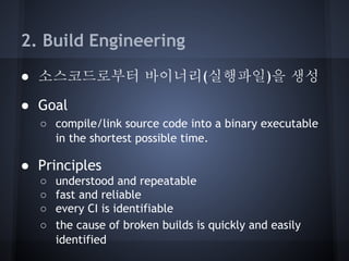 2. Build Engineering
● 소스코드로부터 바이너리(실행파일)을 생성
● Goal
○ compile/link source code into a binary executable
in the shortest possible time.

● Principles
○
○
○
○

understood and repeatable
fast and reliable
every CI is identifiable
the cause of broken builds is quickly and easily
identified

 