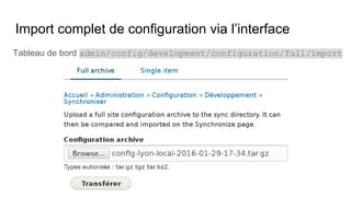 Import complet de configuration via l’interface
Tableau de bord admin/config/development/configuration/full/import
 
