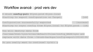 Workflow avancé : prod vers dev
$ drush config-pull @lyon.prod @lyon.local
Starting to export configuration on Target. [ok]
Configuration successfully exported [success]
Starting to rsync config from @lyon.local to @lyon.prod [ok]
You will destroy data from
/var/www/html/lyon/sites/default/files/config_HASH/sync and
replace with data from ~/drush-backups/config-export/20160130/
Do you really want to continue? (y/n): y
 