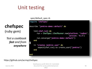 July 16, 2014
StackExpress.com© 2013-14 | Controlled
document for use by authorized person
ONLY.
40
Unit testing
chefspec
(ruby gem)
https://github.com/acrmp/chefspec
Test a cookbook
fast and from
anywhere
spec/default_spec.rb
 
