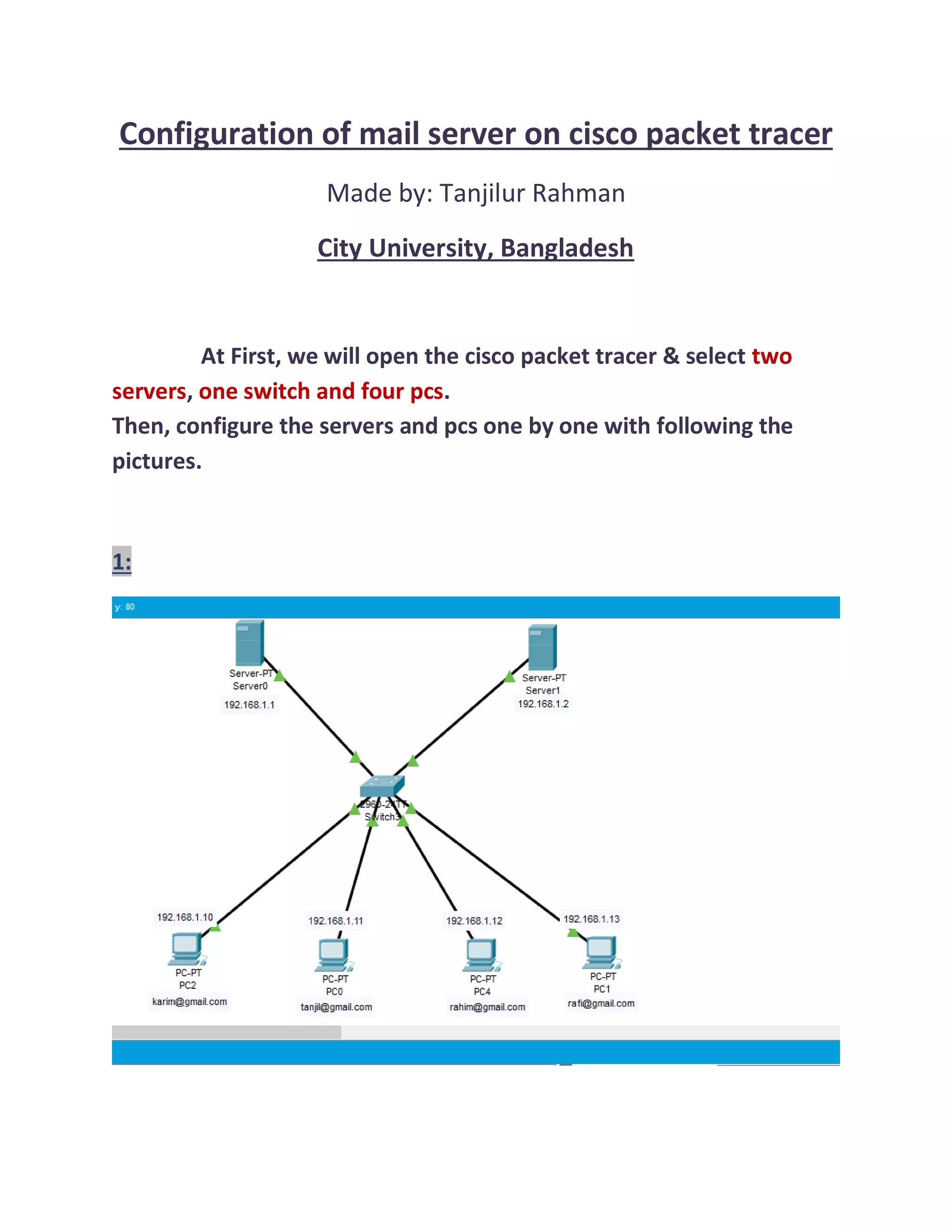 Configuration of mail server on cisco packet trace | PDF