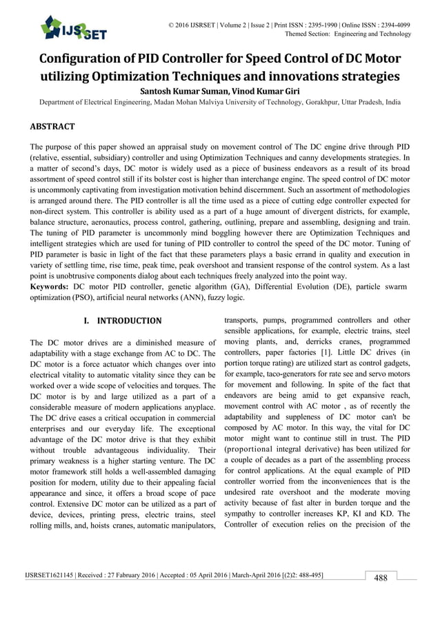 Configuration of pid controller for speed control of dc motor utilizing