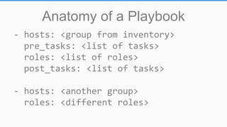 Anatomy of a Playbook
- hosts: <group from inventory>
pre_tasks: <list of tasks>
roles: <list of roles>
post_tasks: <list of tasks>
- hosts: <another group>
roles: <different roles>
 