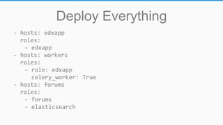 Deploy Everything
- hosts: edxapp
roles:
- edxapp
- hosts: workers
roles:
- role: edxapp
celery_worker: True
- hosts: forums
roles:
- forums
- elasticsearch
 