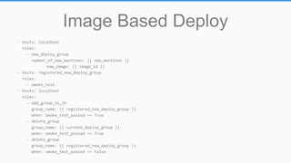 Image Based Deploy
- hosts: localhost
roles:
- new_deploy_group
number_of_new_machines: {{ new_machines }}
new_image: {{ image_id }}
- hosts: registered_new_deploy_group
roles:
- smoke_test
- hosts: localhost
roles:
- add_group_to_lb
group_name: {{ registered_new_deploy_group }}
when: smoke_test_passed == True
- delete_group
group_name: {{ current_deploy_group }}
when: smoke_test_passed == True
- delete_group
group_name: {{ registered_new_deploy_group }}
when: smoke_test_passed == False
 