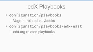 edX Playbooks
• configuration/playbooks
– Vagrant related playbooks
• configuration/playbooks/edx-east
– edx.org related playbooks
 