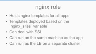 nginx role
• Holds nginx templates for all apps
• Templates deployed based on the
`nginx_sites` variable
• Can deal with SSL
• Can run on the same machine as the app
• Can run as the LB on a separate cluster
 
