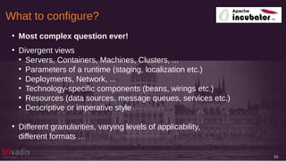 What to configure?
10
●
Most complex question ever!
●
Divergent views
●
Servers, Containers, Machines, Clusters, ...
●
Parameters of a runtime (staging, localization etc.)
●
Deployments, Network, ...
●
Technology-specific components (beans, wirings etc.)
●
Resources (data sources, message queues, services etc.)
●
Descriptive or imperative style
●
Different granularities, varying levels of applicability,
different formats …
 